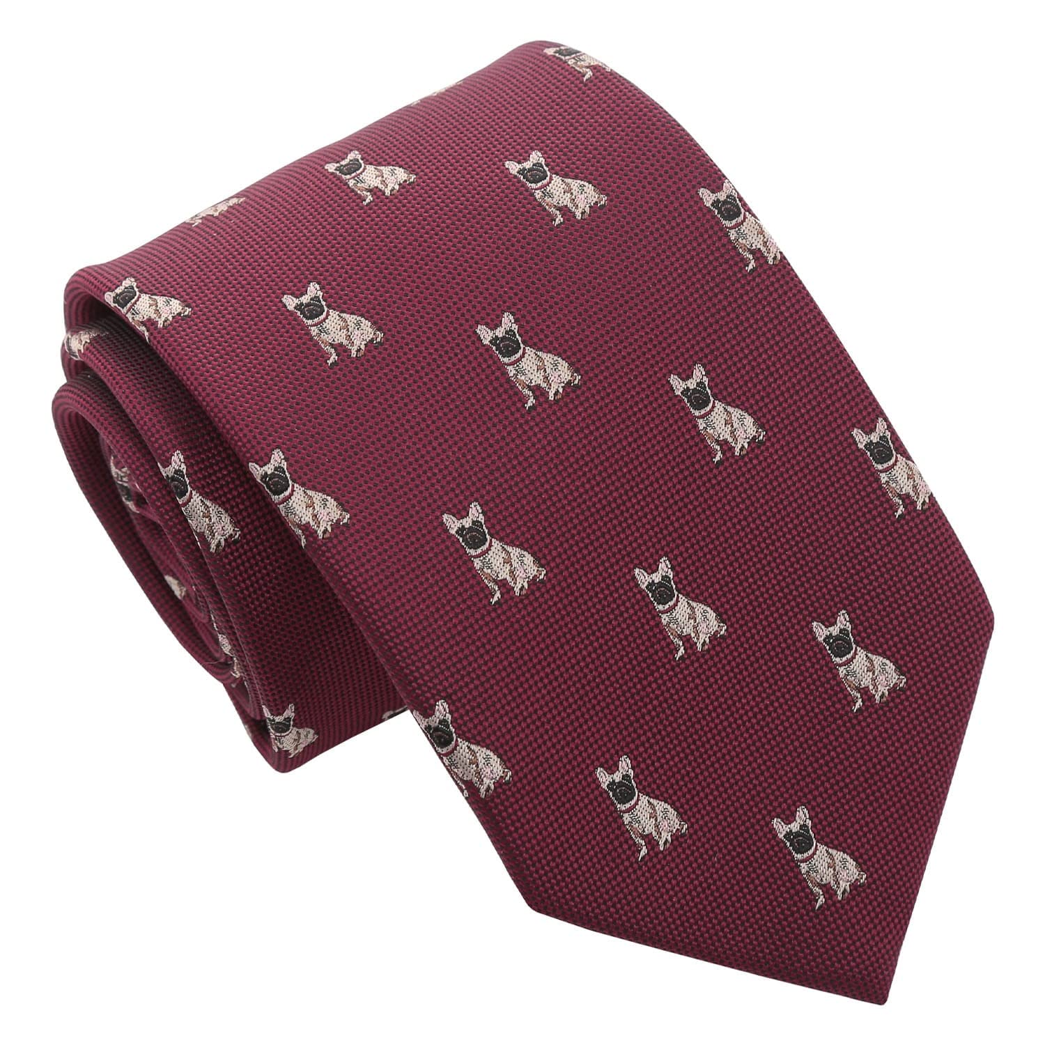 Dqt Men's Burgundy French Bulldog Embroidered Dog Print Novelty Classic Tie
