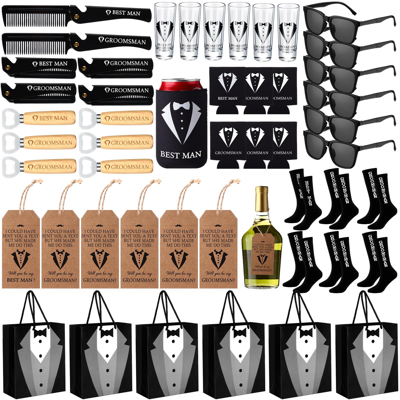 Yiyiring 48 Pcs Groomsmen Gifts Set Groomsmen Proposal Gift, 6 Folding Beard Comb 6 Shot Glasses 6 Bottle Opener 6 Sunglasses 6 Can Coolers 6 Bags 6 Pair Socks 6 Proposal Card for Wedding Party