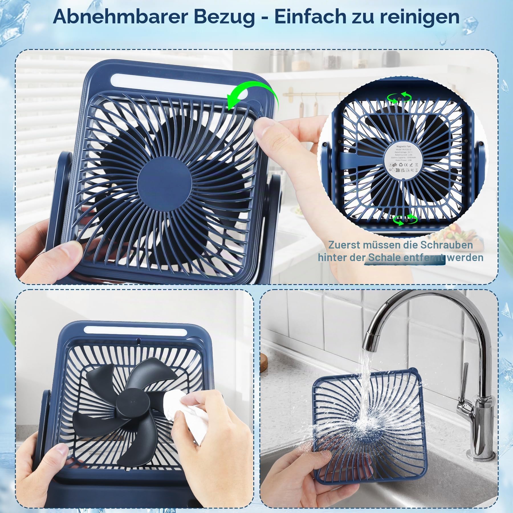 Ventilator 20000mAh Akku Tischventilator USB Camping Ventilatoren mit Lampe, 4 Getriebe,12-43 Std.Laufzeit,Smart Display,Lüfter Geräuscharm,Einfach zu Tragen,für Büro,Zuhause und im Freien (Blau)