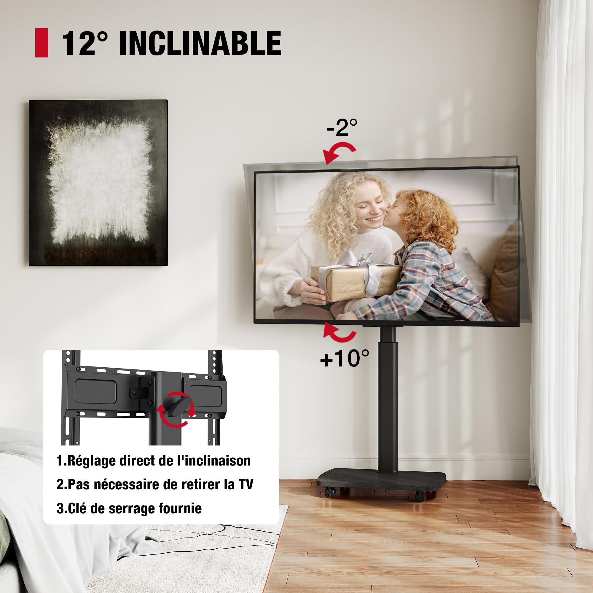 AOKCOS Support TV roulettes avec Base en Bois pour TV de 32-65 Pouces Horizontal et Vertical-Support TV sur Pied Plus Haut 1306-1626 MM Inclinaison 12° jusqu'à 35 KG Max. VESA 400x400mm