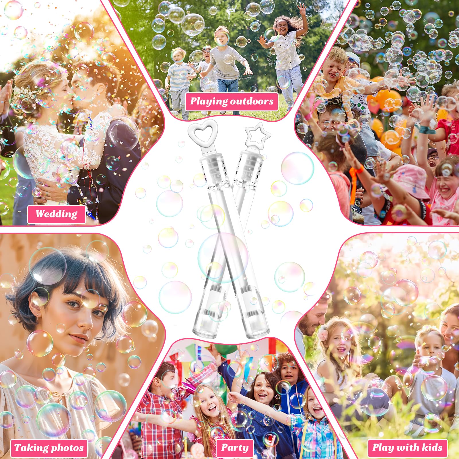 60 Pompas de Jabón para Bodas Burbuja, Pompas de Jabon Boda Blanco, Pomperos Boda, con Mango en Forma de Corazón y Estrella para Bodas, Bautizos, Cumpleaños, San Valentín
