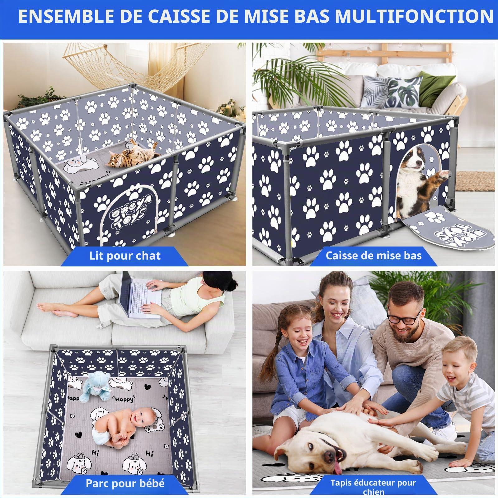Parc Carré pour Animaux en Acier Inoxydable et Toile Oxford avec Tapis Imperméable Enclos pour Grand Chien Chats Petits Animaux Bleu Sombre