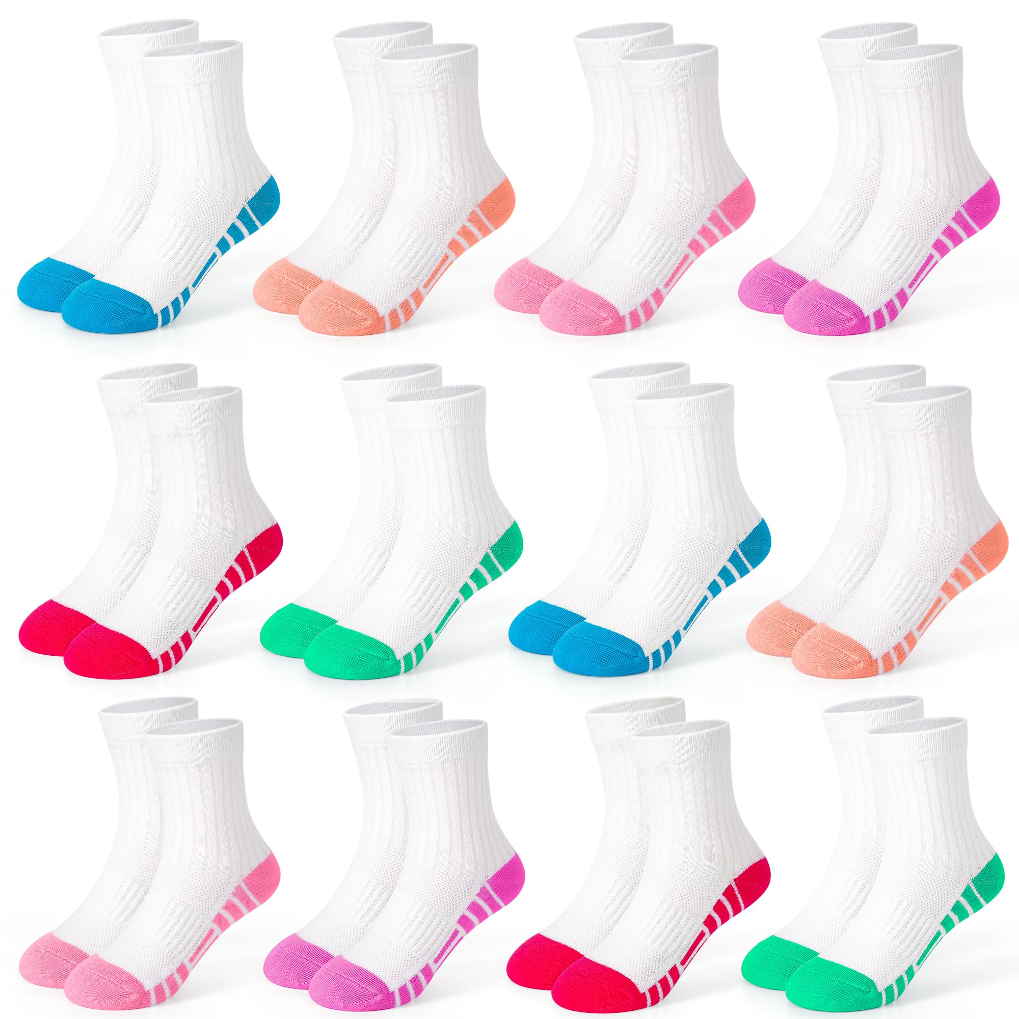GENTABY Lot de 12 paires de chaussettes de sport en coton respirant pour fille - Pour l'école et les loisirs (taille 30-34) - Blanc et multicolore