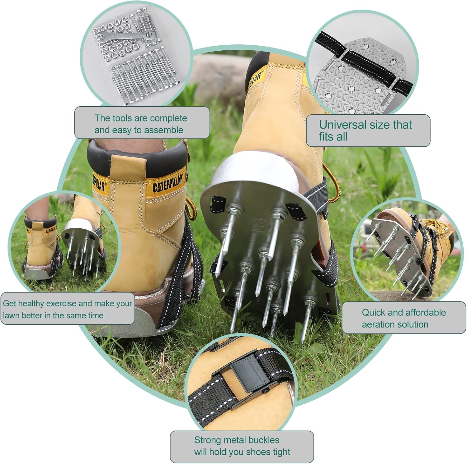 FSTSLK Full Metal Lawn Aerator Shoes with 3 Adjustable Straps - Metal Base -Adjustable -Stylish - One Size Fits All - Steel Spiked Shoes for Lawn Care - Reduces Thatch, Revives Soil Health