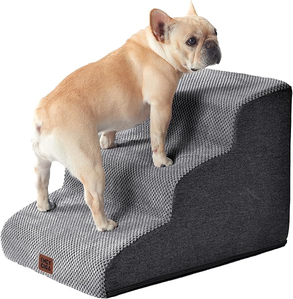 EHEYCIGA Dog Stairs, Pet Stairs, Dog Steps, Dog Slope, High-Density, with Non-Slip Surface, Stability, Removable Cover, Washable, Suitable for Small Dogs (3 Steps, Gray) - 1
