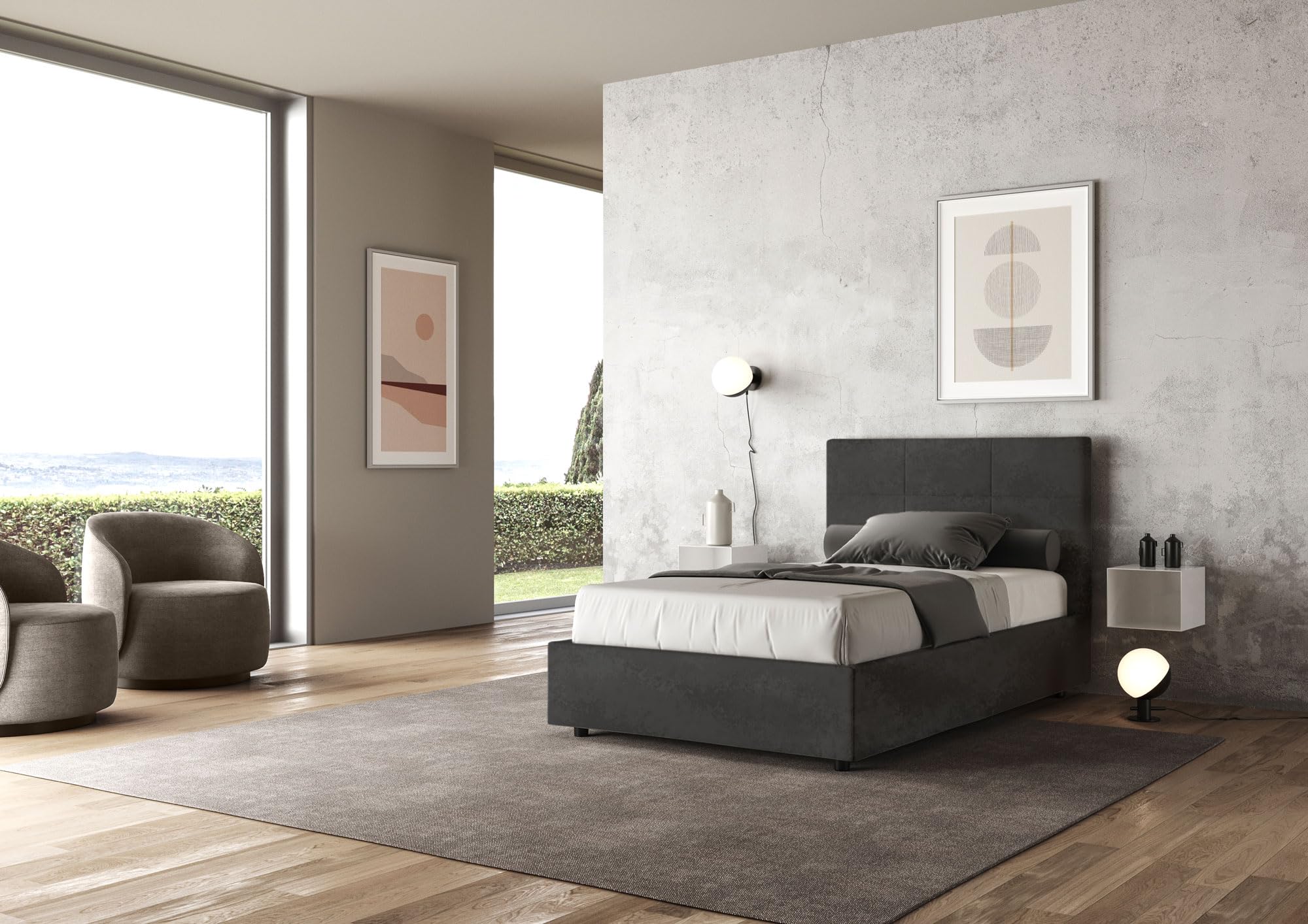 Letto Queen Size in Microfibra Grigio Mika con contenitore imbottito 120x190