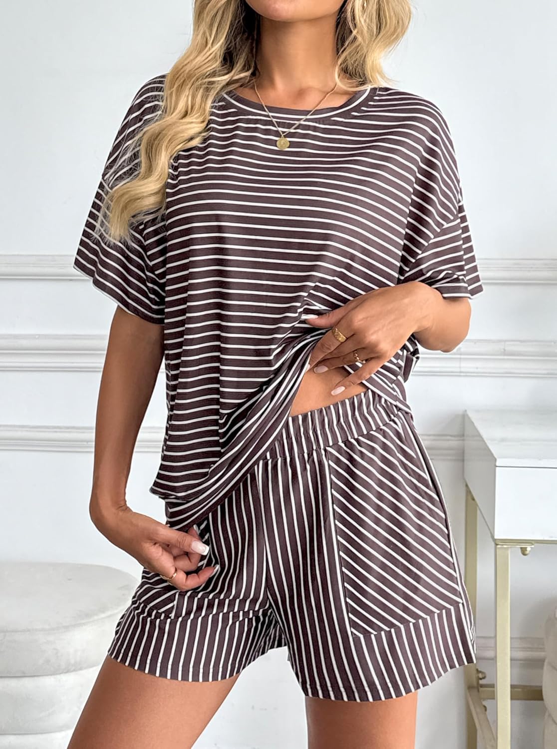 Hilinker Womens 2 Piece Striped Pajamas Sets Short Sleeve Pj Tops and Shorts Loungewear with Pockets - Image 3