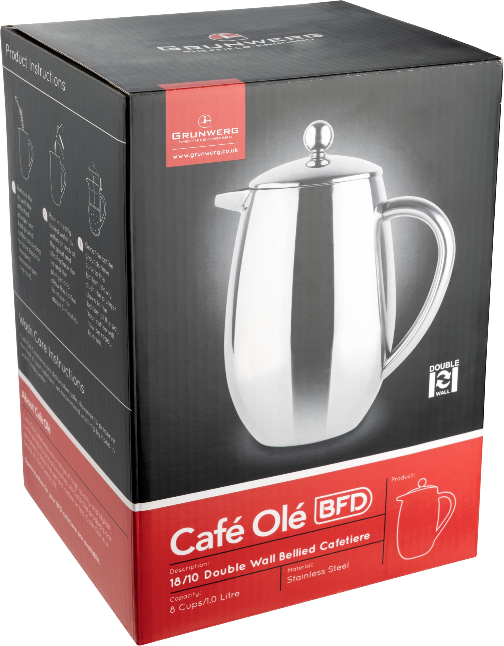 Café Olé BFD Caffettiera, corpo a doppia parete in acciaio inossidabile 18/10 e filtro a rete, finitura a specchio, 1000 ml (8 tazzine da caffè o 4 tazze)