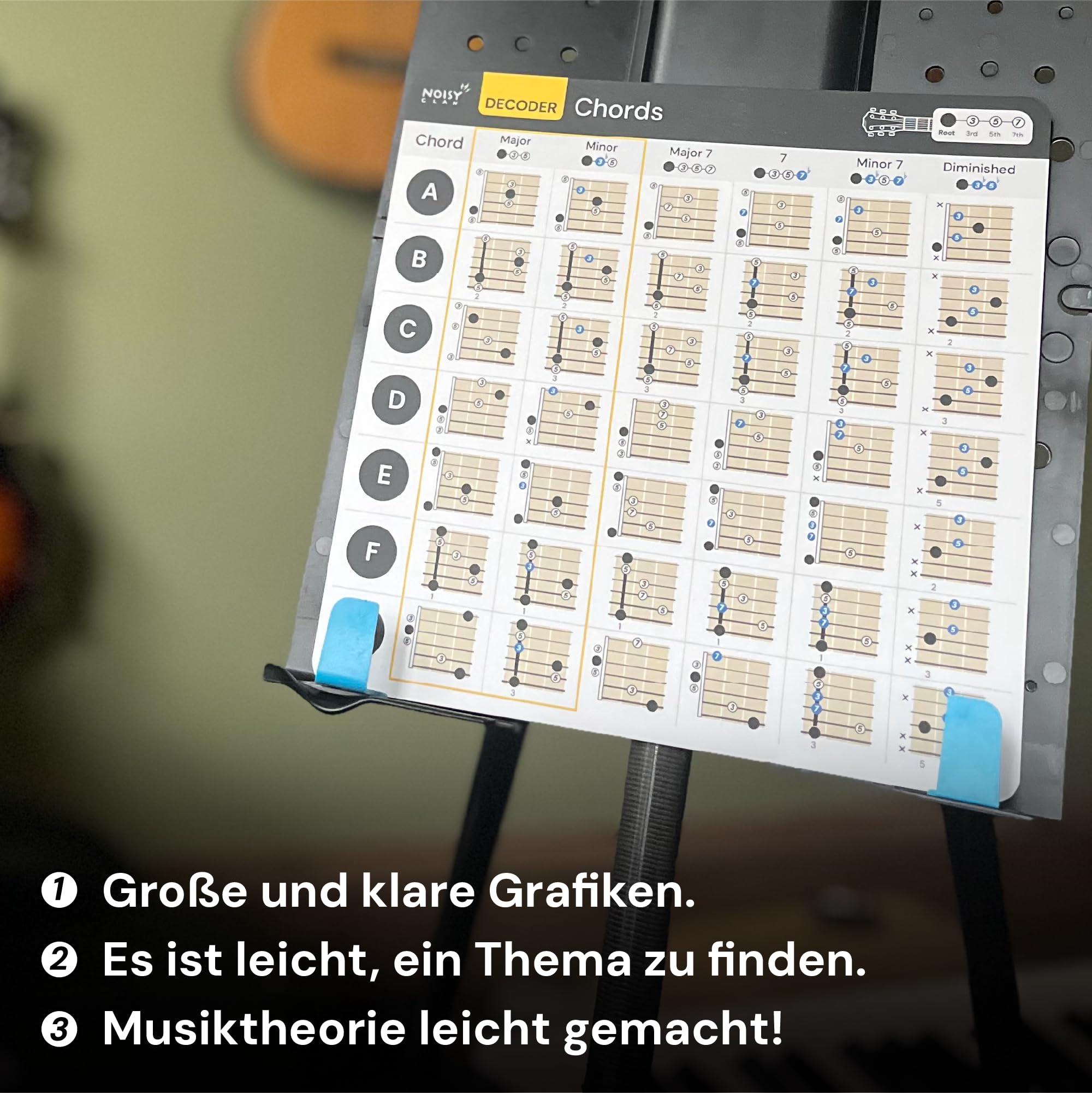 Gitarren-Spickzettel | Decoder Gitarrenakkord-Spickzettel, Hilfe beim Erlernen der Gitarre mit Noten, Musiktheorie-Spickzettel mit Akkorden und Tonleitern 20,3 x 20,3 cm