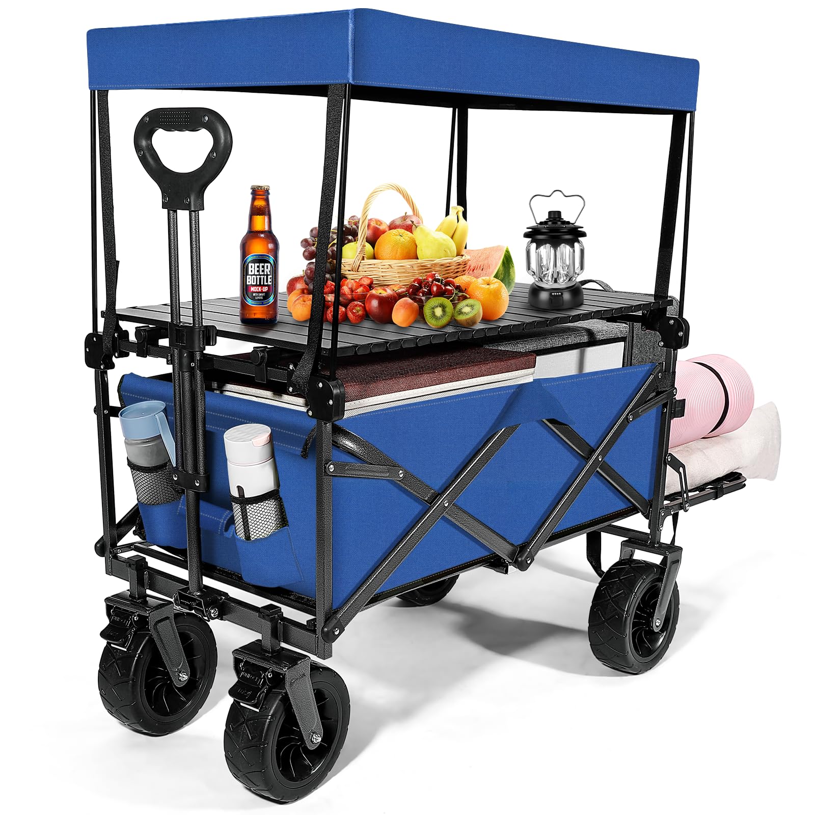 Beach Wagon Cart Foldable Travel Cart for Outdoor Camping with Canopy,Tabletop, Side Pockets, and Cup Holder Can Hold up to 300 lbs