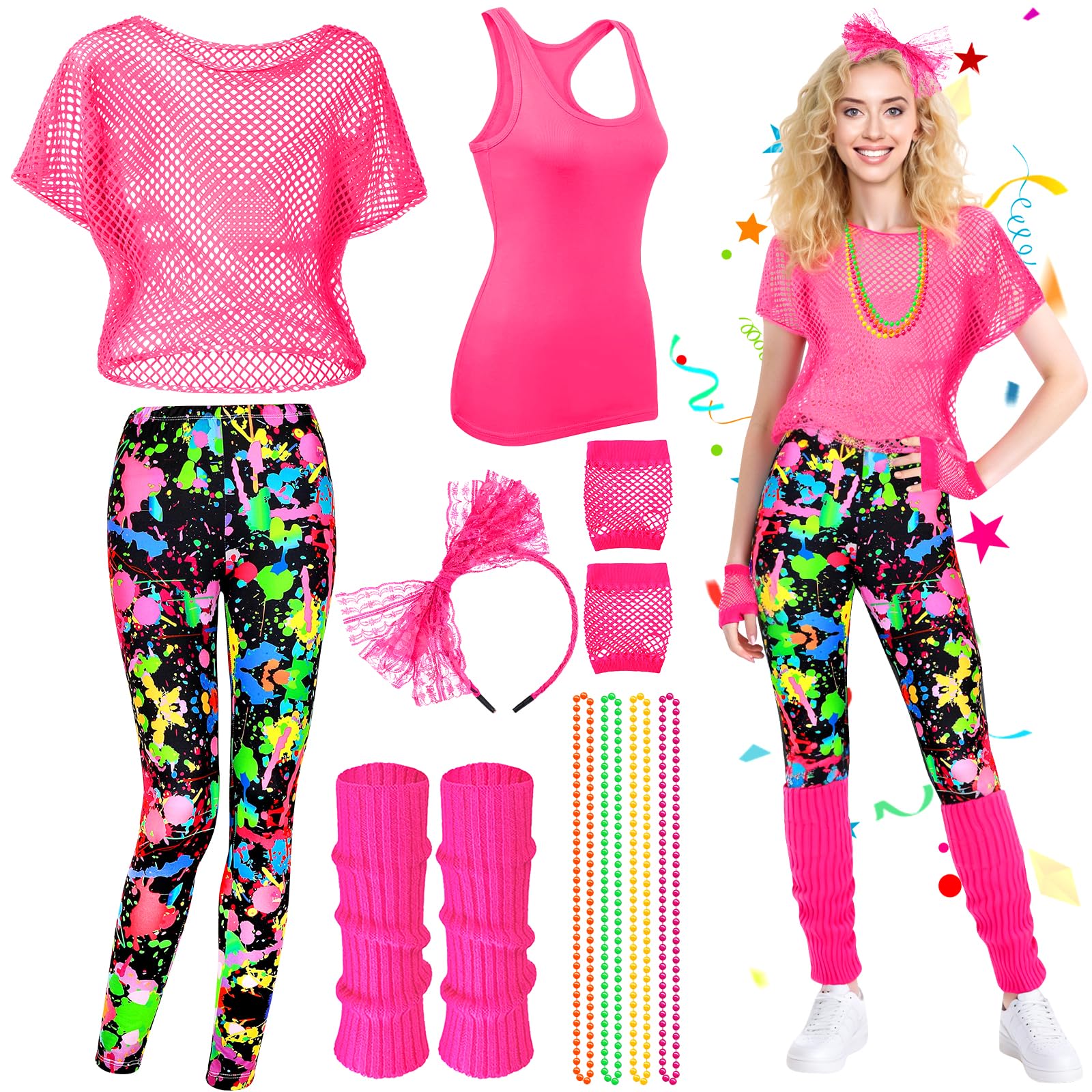 80s Fancy Dress Costume Set, 1980s Accessories Kit with Fishnet Short-Sleeved Shirt Vest Colorful Ink-splashed Pants Bead Necklace Headband Gloves Leg Warmers for Retro Disco Theme Party Supplies (L)