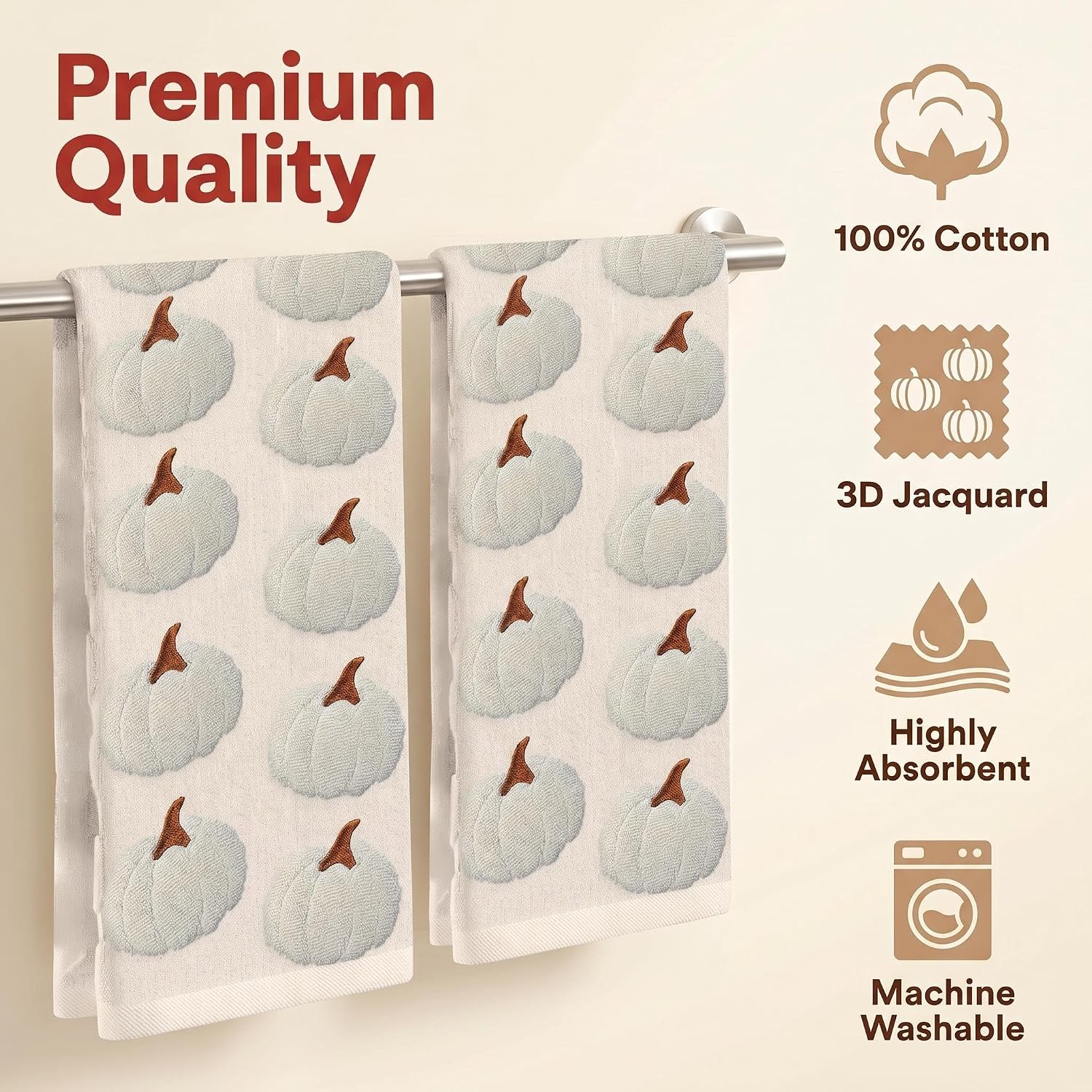 2 Pcs Jacquard Fall Pumpkin Hand Towels for Bathroom Thanksgiving Embroidered Towels Autumn 100% Cotton Soft Absorbent Decorative Farmhouse Bathroom Decor Gift, 13.7 x 29.5 Inch(beige, Pumpkin)