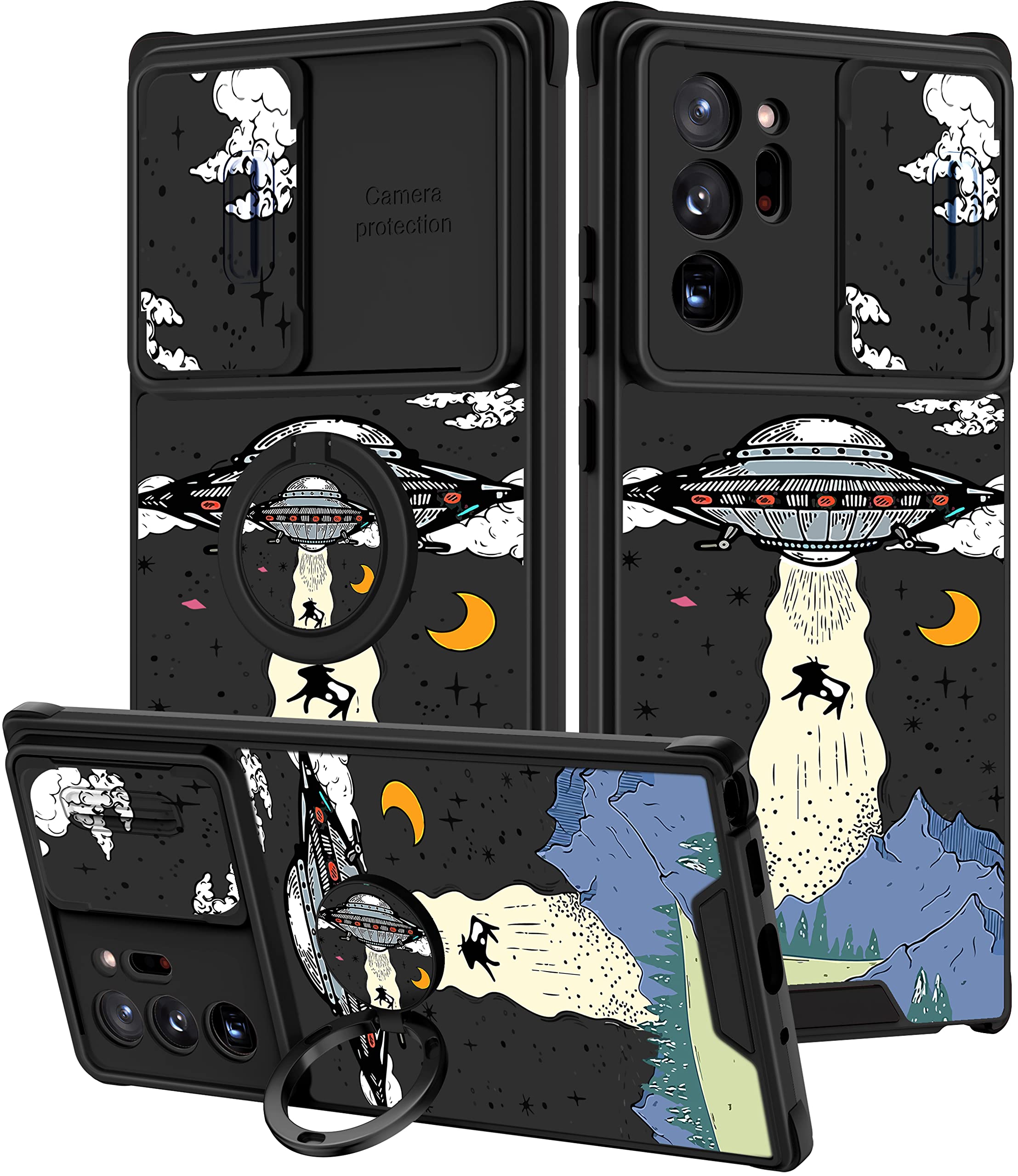 Goocrux (2in1 for Samsung Galaxy Note 20 Ultra Case for Women Girls Cute UFO Phone Cover Cool Aliens Universe Design with Slide Camera Cover+Ring Holder Boys Fashion Cases for Note20 Ultra 5G 6.9''