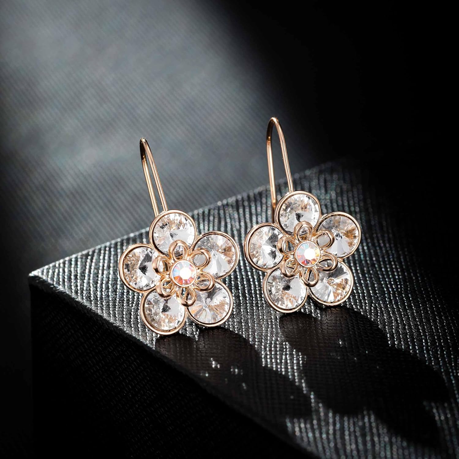 Austrian Crystal Flower Dangle Drop Earrings for Women 14K Gold Plated Hypoallergenic Hook Earrings Jewelry - Image 5