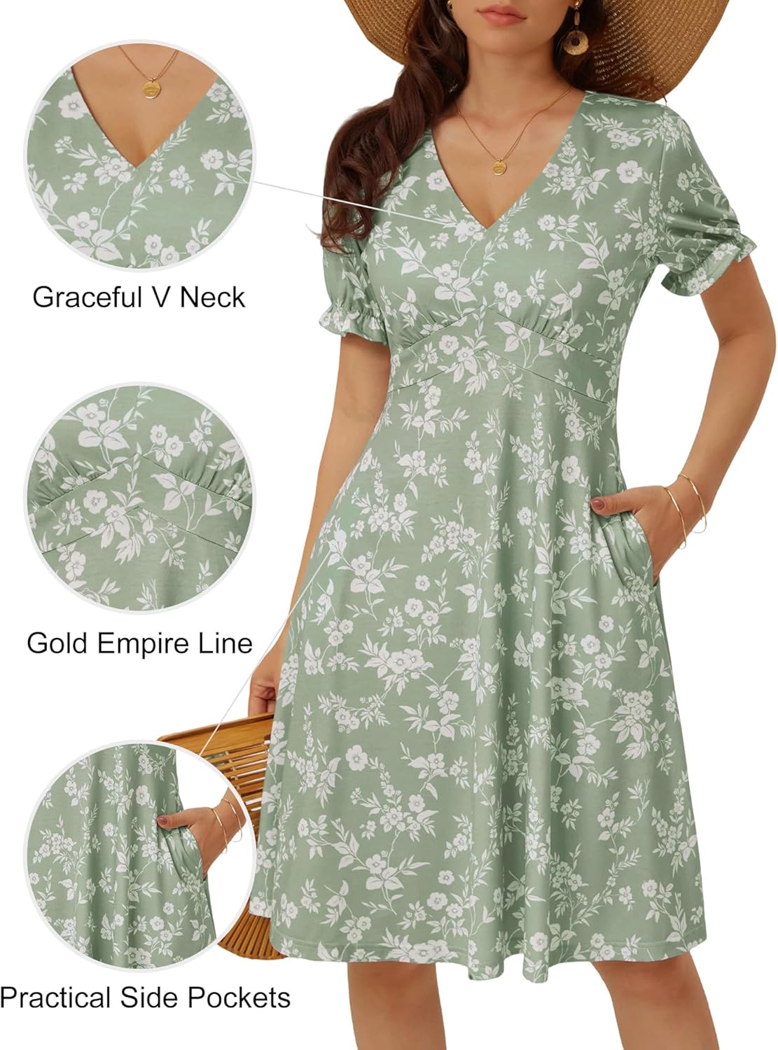 FENSACE Women's Summer Elegant Puff Sleeve V Neck Empire Waist A Line Knee Length Dress with Pockets