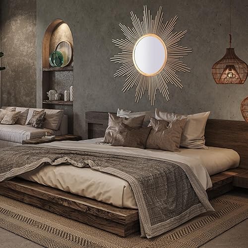 Miniatura 5 de Cityelf Espejo de pared grande de 24 pulgadas con forma de explosión de sol, estilo bohemio, decoración del hogar, espejo de pared redondo para sala