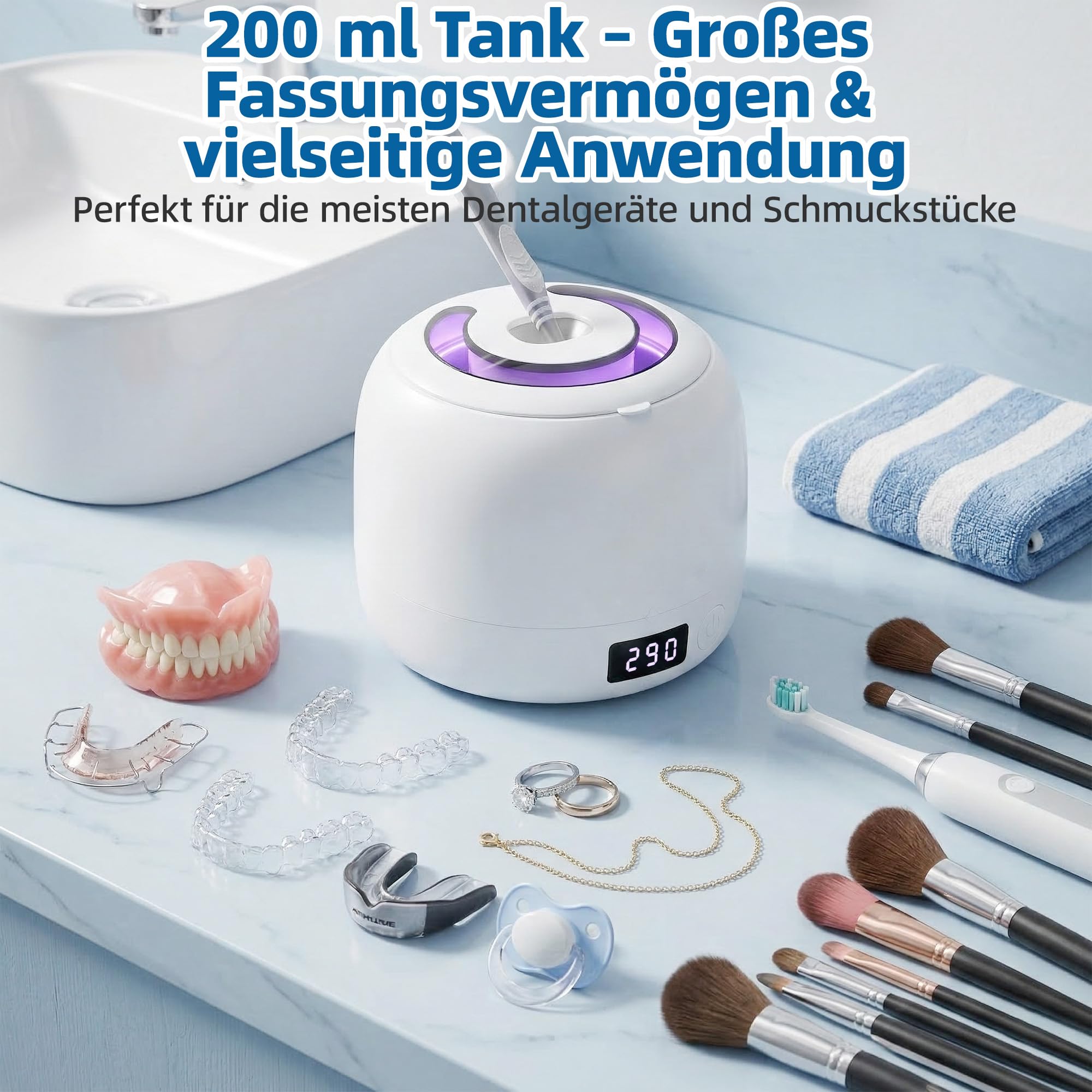 Carehabi Ultraschallreinigungsgerät Zahnschiene & Prothesen - 45kHz Dental Pod mit UV-Licht & Abnehmbarem 200ml Tank - Elektrischer Reiniger für Aufbissschienen, Retainer, Zahnspangen & Schmuck