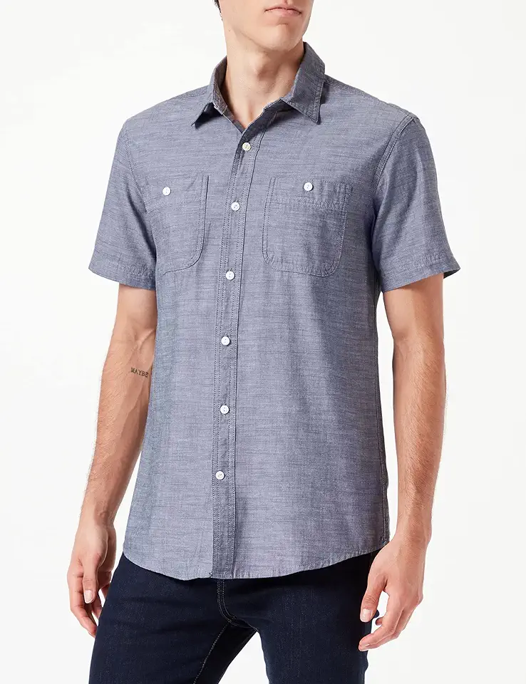 Amazon Essentials Men's Regular-Fit, Short-Sleeve Button-Down Chambray Shirt