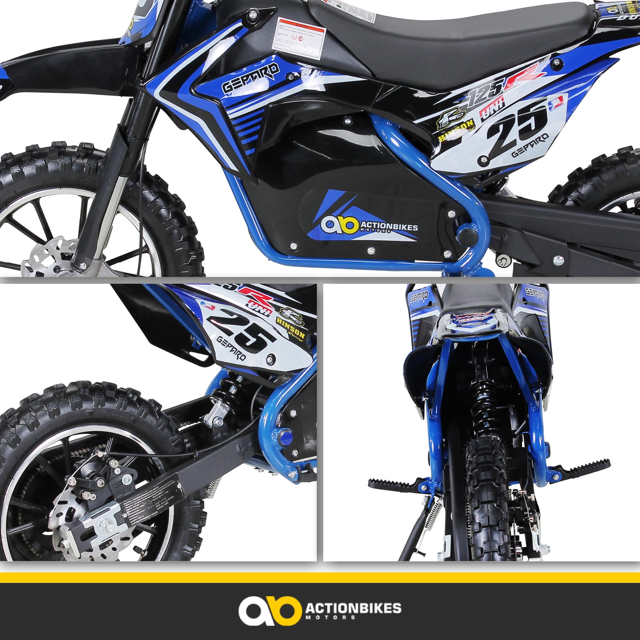 Actionbikes Motors Kinder Elektro Crossbike Gepard | 𝟱𝟬𝟬 Watt Motor bis 𝟐𝟒 km/h - Motorrad - Pocket Bike - Dirt Bike - Motocross - Pocketbike - Motorsport - Dirtbike - Enduro ab 8 Jahren (Blau)