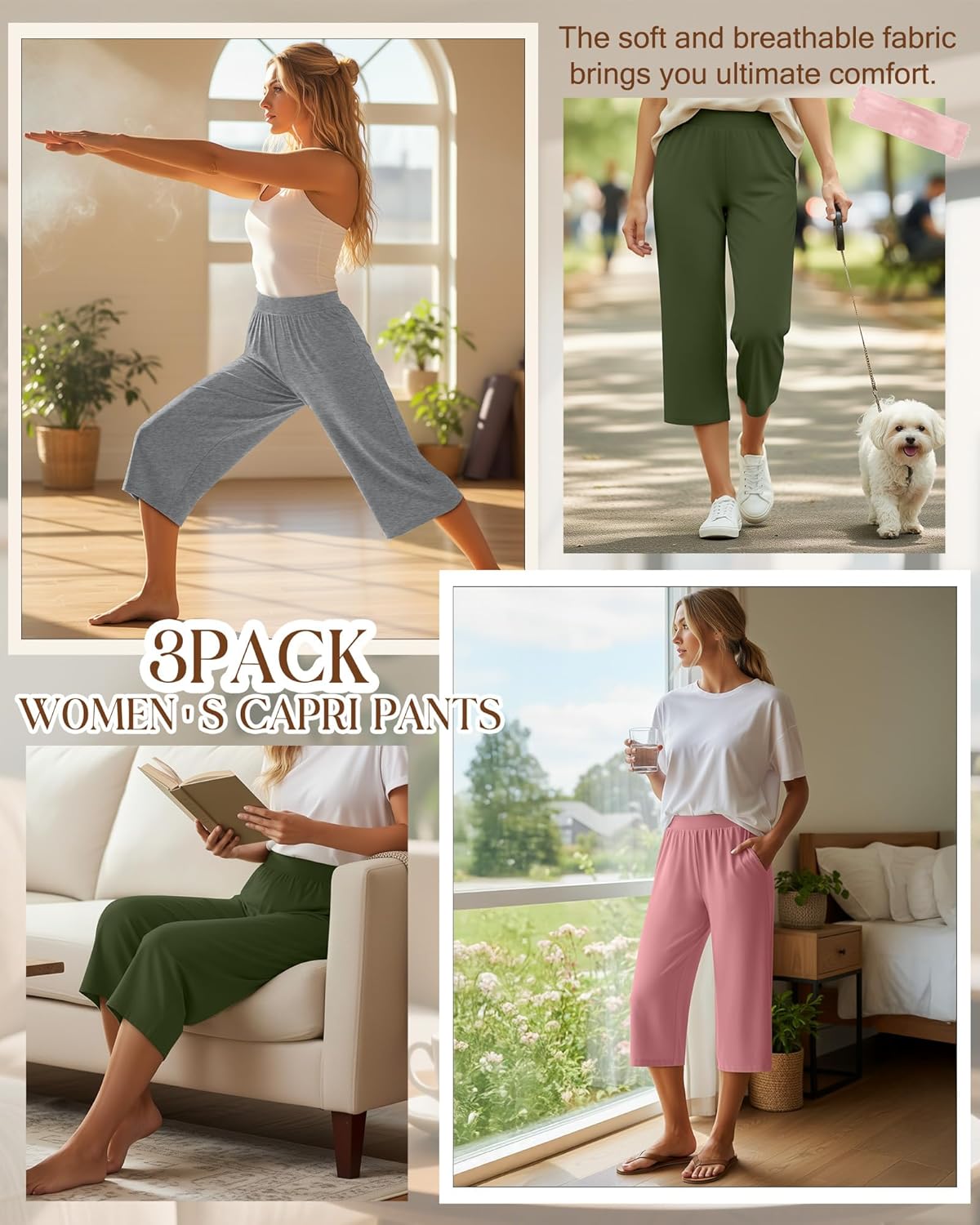 Huukeay 3 Pack Women's Capri Sweatpants, Cozy Wide Legs Cropped Capri with Pockets, Lounge Jogger Pants Workout Yoga Solid - Image 2