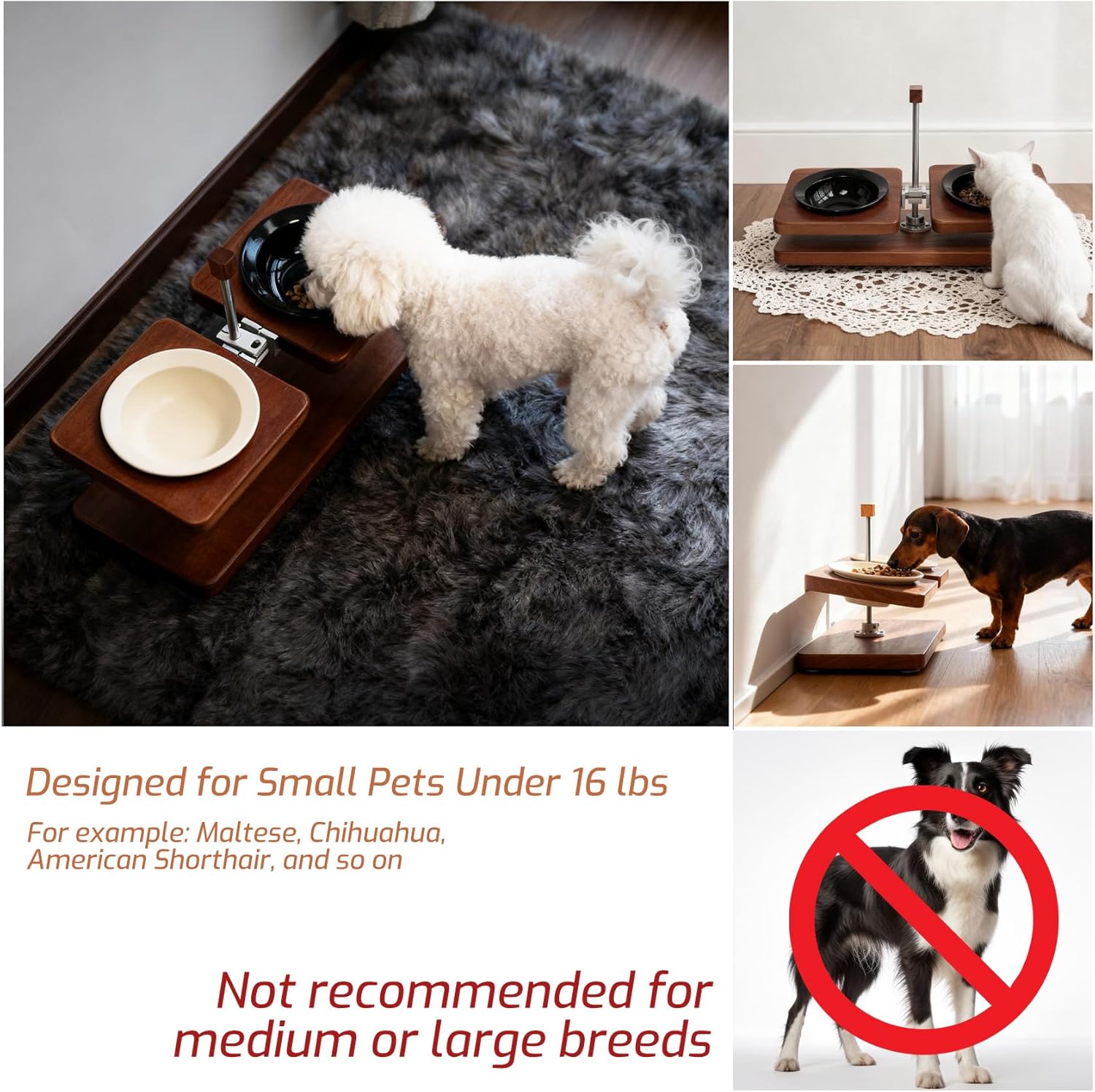 Upgraded Adjustable Elevated Pet Food Stand - Raised Wooden Cat Bowls & Dog Bowls Holder with Ceramic Dishes for Small Puppy & Kitten, Non-Slip 2-8'' Height Rotatable Platform (Walnut-White)