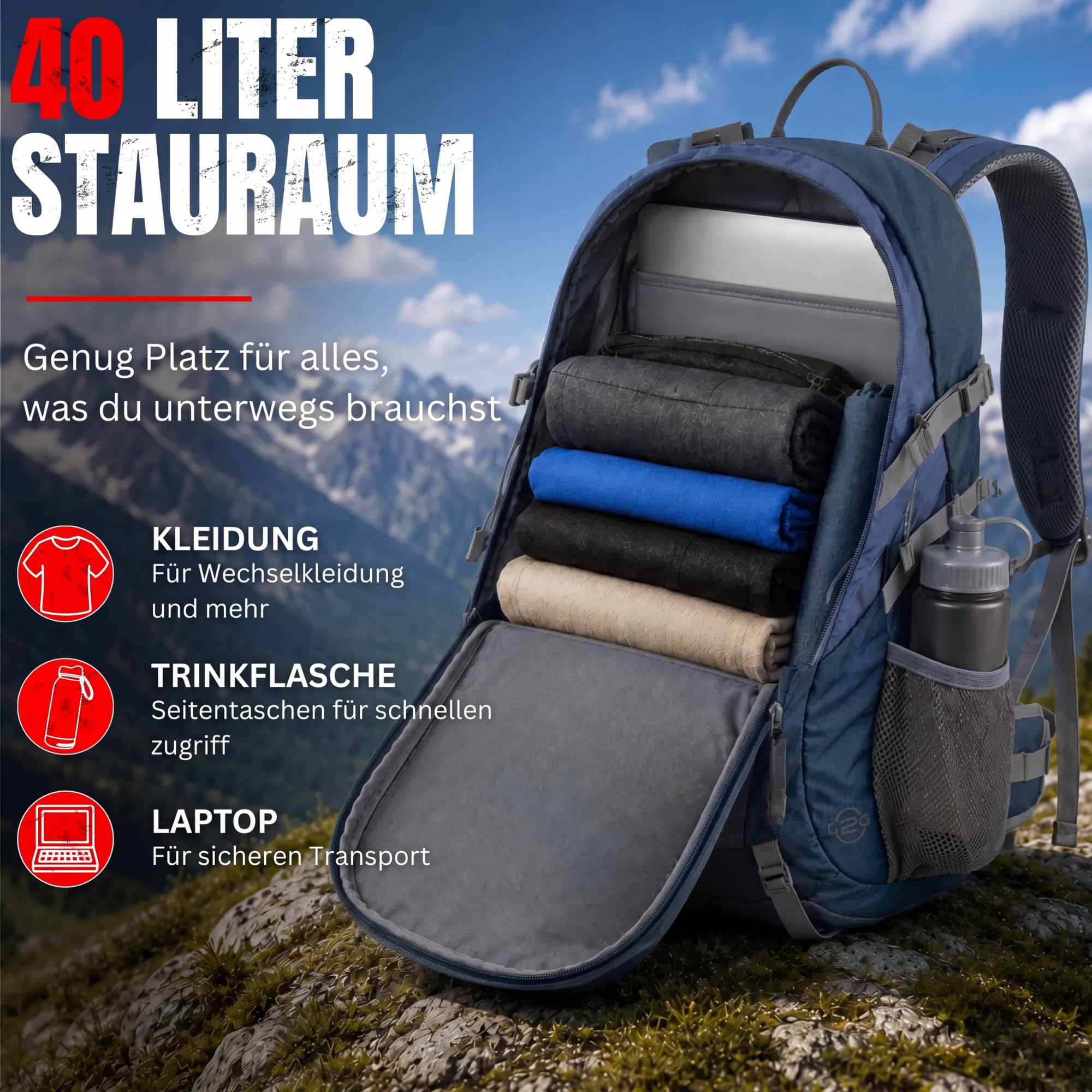 NOWI Trekkingrucksack praktischer moderner Outdoor Rucksack mit Regenhaube Brustgurt gepolsterte Schultergurte Schlaufen für Hiking Pole 40 Liter Volumen (Navy)