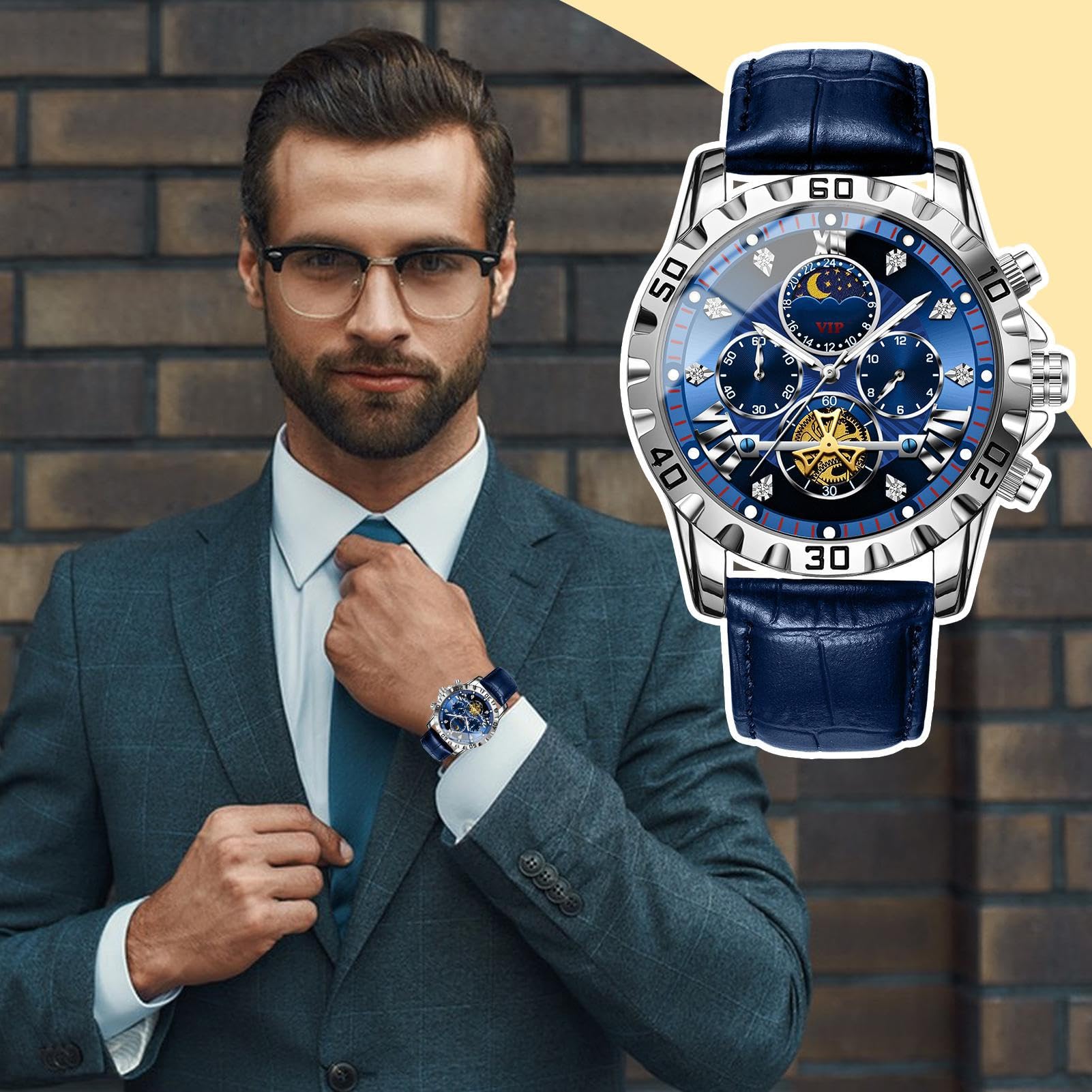 Orologio Meccanico Automatico Da Uomo – Cronografo Sportivo Militare Classico | Quadrante Analogico Luminoso Impermeabile Con Fasi Lunari, Cinturino In Pelle PU Orologio Da Polso Da Lavoro Per Escursi