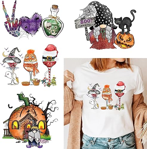 Miniatura 1 de 4 parches para planchar de Halloween para ropa, divertidos gnomos para planchar, veneno, copa de vino, gato negro, calabaza, calcomanías para