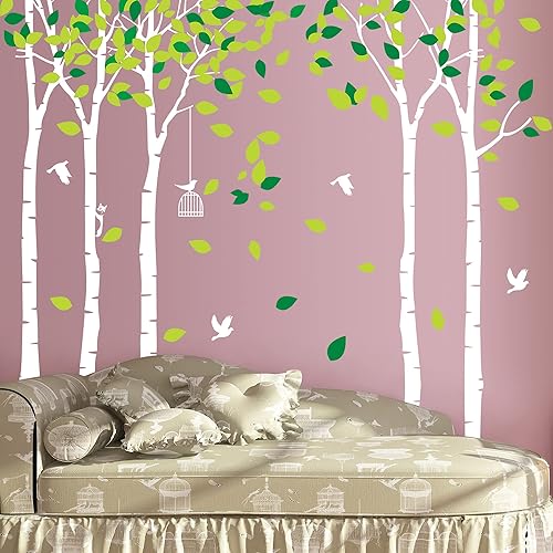 Miniatura 2 de Amaonm Calcomanías de pared gigantes de 5 árboles, hojas verdes y pájaros moscas, 104 x 71 pulgadas, decoración de pared, calcomanías de vinilo para