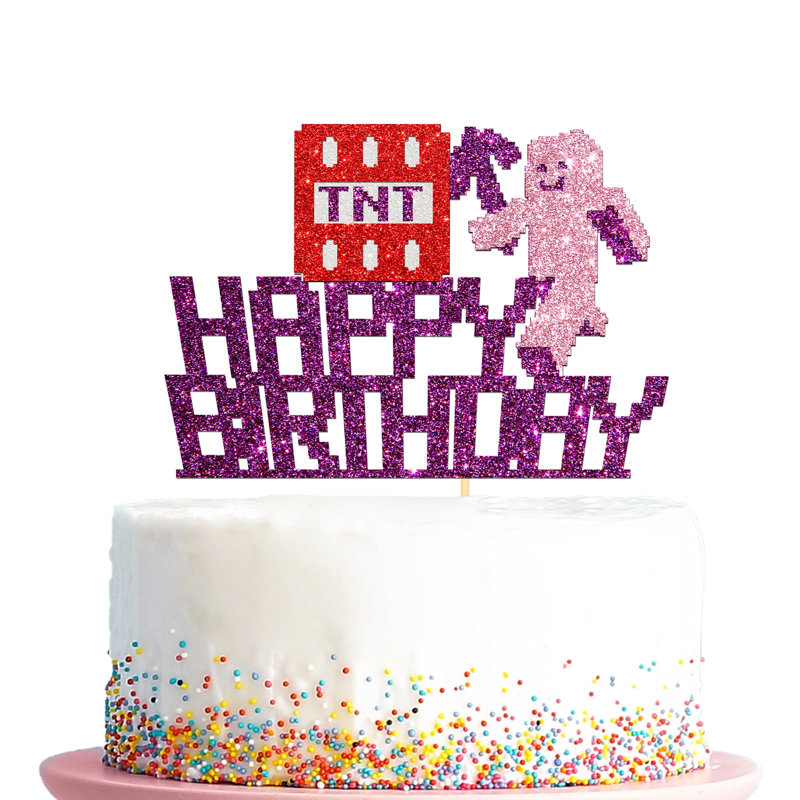 Happy Birthday Cake Topper, Pixel Style Cake Picks Decorations, Block Video Game Themed Cake Topper for Boy and Girl, Pinkish Purple