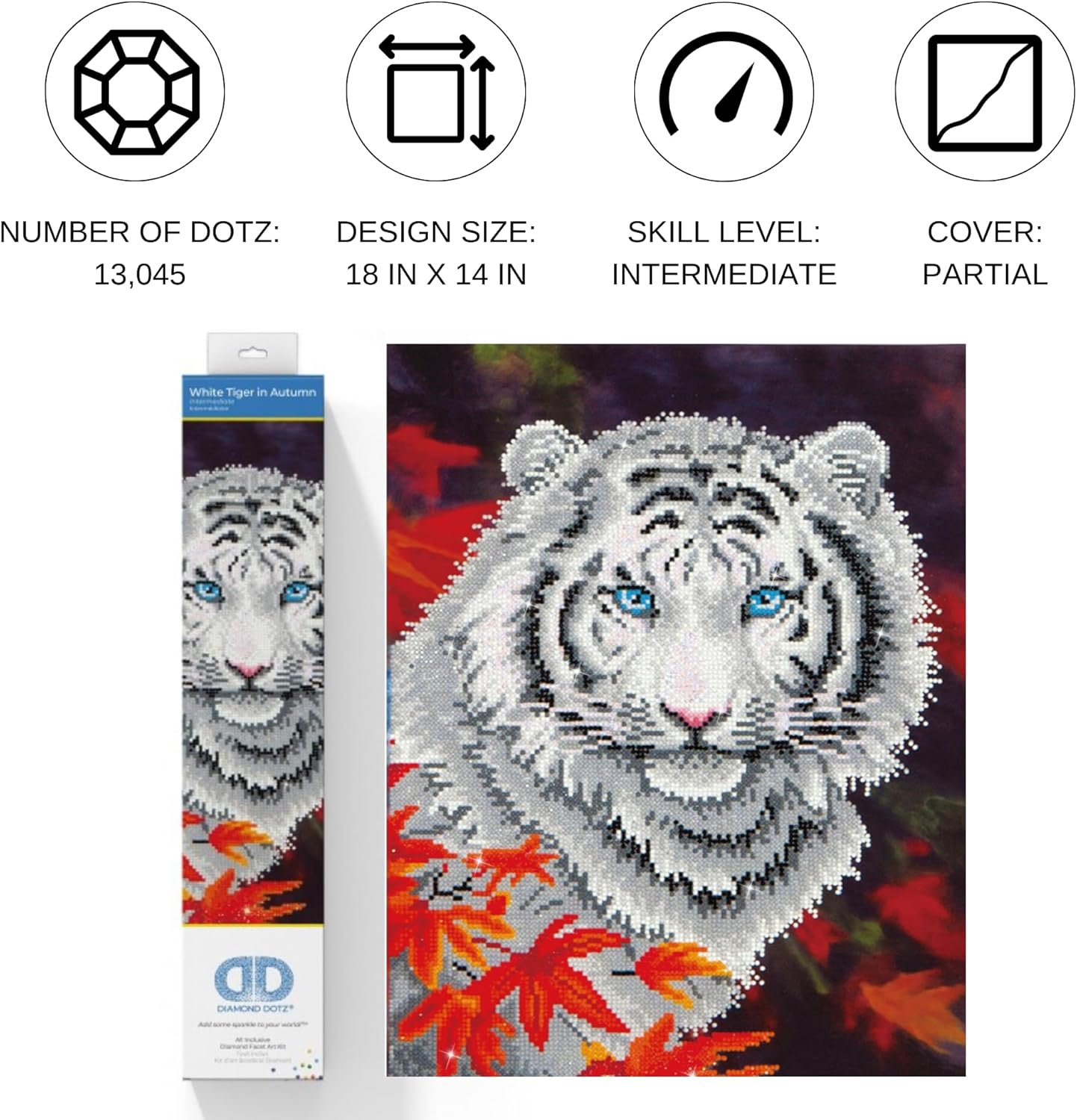 DIAMOND DOTZ White Tiger in Autumn Animal Diamond Painting Kits for Adults - Diamond Art Kits a Relaxing Creative Craft Kit with Dotz Gems 18"x14"