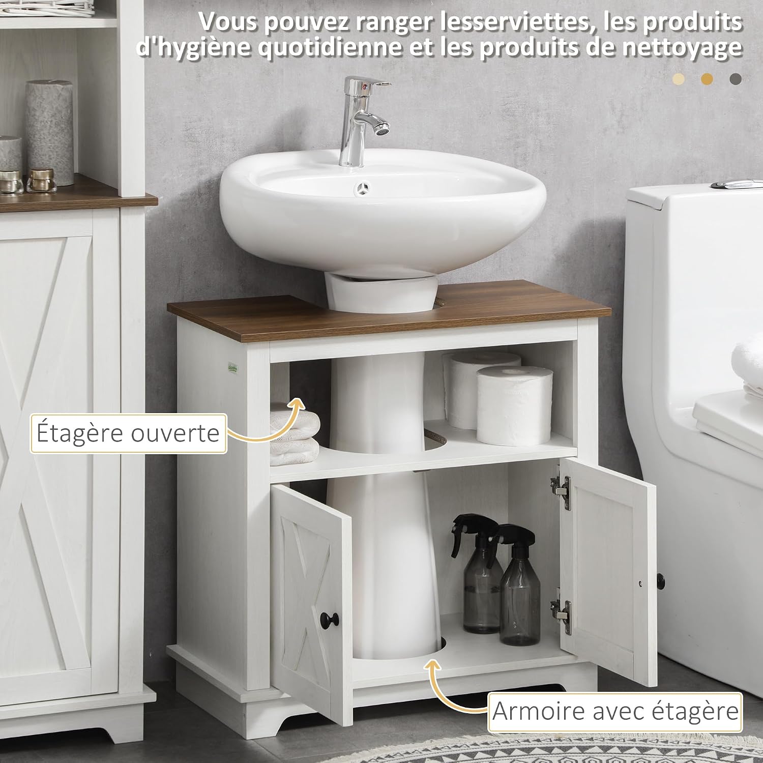 The kleankin under sink cabinet with its doors open, revealing organized storage for bathroom essentials like toilet paper, cleaning sprays, and towels.
