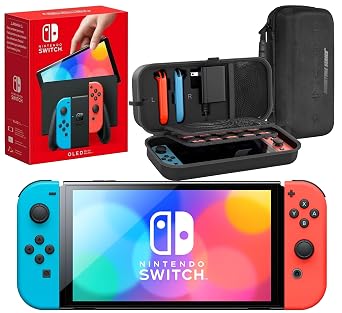 Nintendo Switch OLED with Signature Series Travel Case | Vivid 7 OLED Screen with 64 GB Internal Storage, Enhanced Audio, and Wide Adjustable Stand Neon Blue and Red
