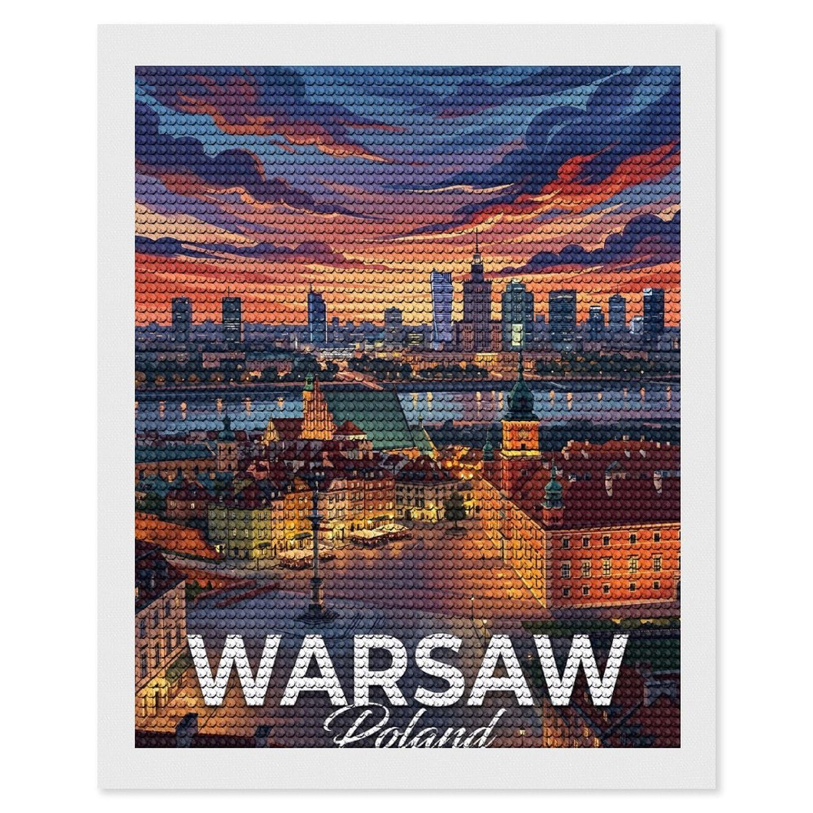 Junmoney Warsaw, Poland Cityscape at Sunset Diamond Art Kit 16"x20", Modern Decor, for Adults, Printed Canvas, Holiday Gift Idea, Fun Craft Experience