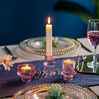Glass Taper Tea light Candle Holders 2-in-1 Candlestick：Romadedi Pink Decorative Candleholder for Home Christmas Decor Dinning Table Centerpiece for Wedding Party, 3Pcs