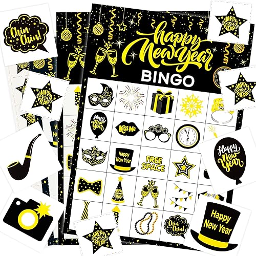 JULMELON Juegos de bingo de Año Nuevo, 24 jugadores de Año Nuevo, tarjetas de bingo de vacaciones para adultos, actividades de Año Nuevo, escuela,