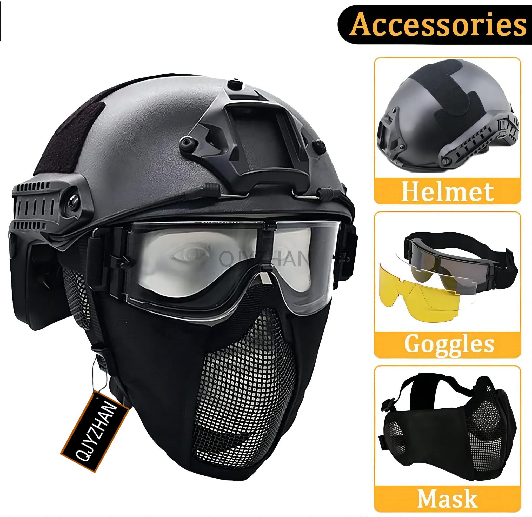 Casque Tactique FAST + Masque Demi-Visage + Lunettes De Protection - Kit Complet Airsoft, Paintball - Taille Unique Réglable