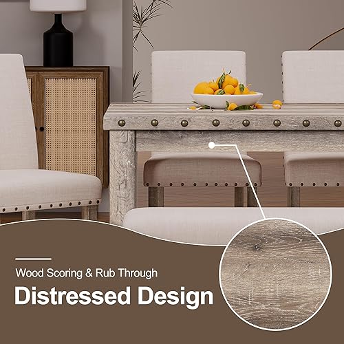 Miniatura 8 de Morden Fort Juego de mesa de comedor rústica para 6, sillas de comedor de cocina de granja para 6, encantadora mesa rectangular de madera de 60" y 6