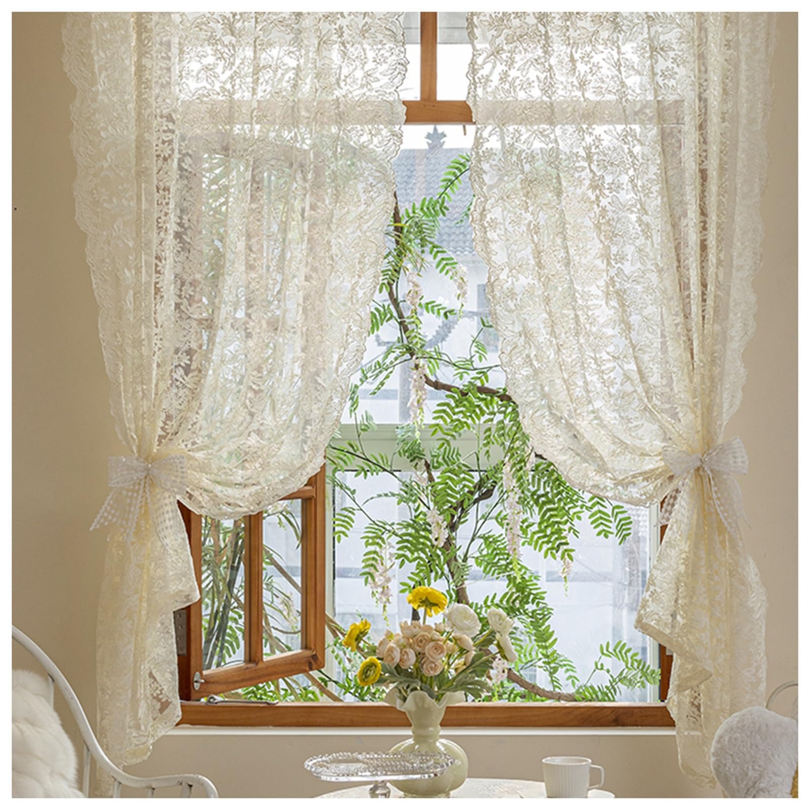 Rideaux en Dentelle Florale au Crochet en Coton, Rideaux en Voile Transparent À Passe-tringle Français, pour Salon, Chambre À Coucher, Balcon(Size:W125xH150cm/49x59in)