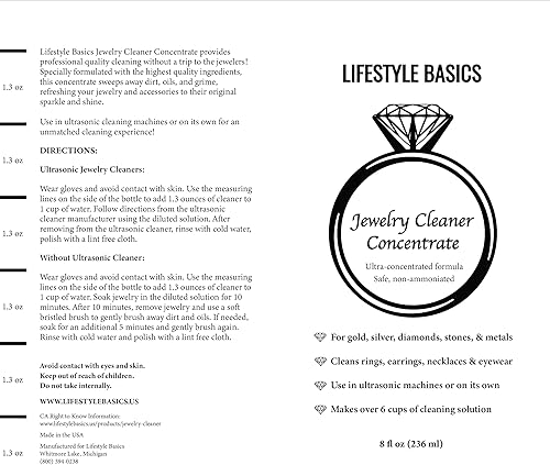 Miniatura 7 de Solución limpiadora de joyas concentrado líquido de 8 onzas Limpia anillos, aretes, collares, gafas Seguro para diamantes, oro, plata, piedras