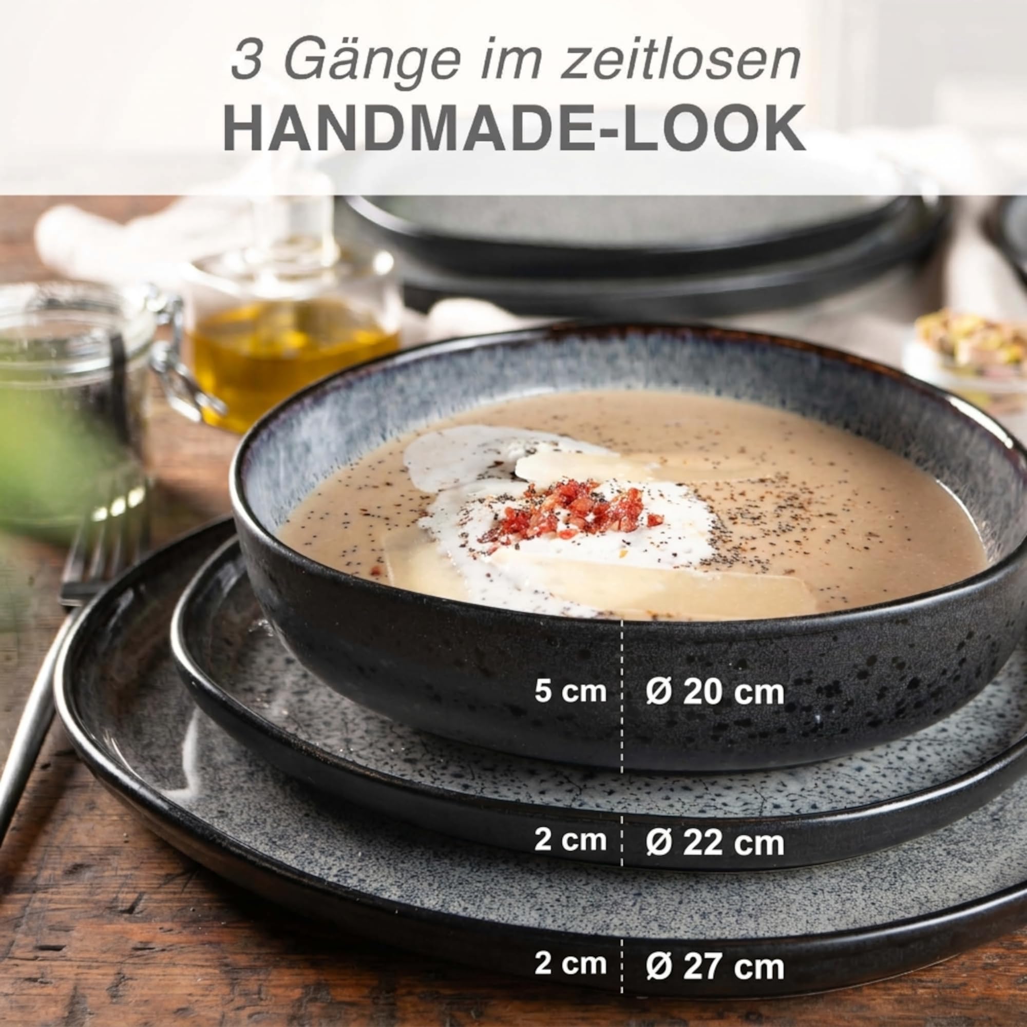 Moritz & Moritz Vajilla de 18 piezas para 6 personas, color gris, elegante juego de platos de gres de alta calidad, vajilla para 6 personas, 6 platos de cena, 6 platos de postre, 6 platos hondos