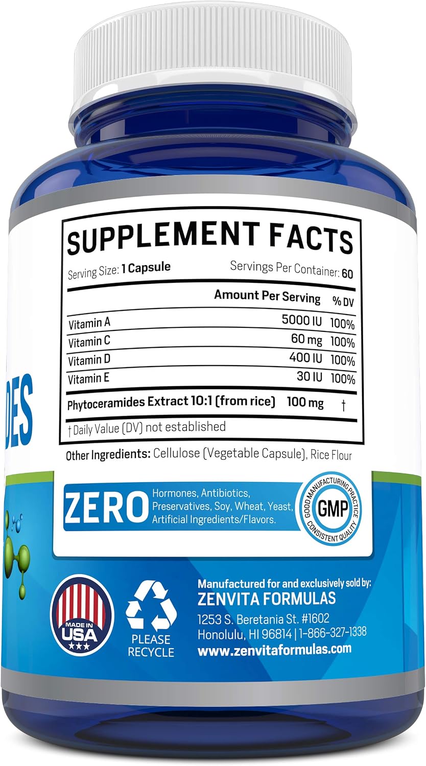 Phytoceramides (Extract from Rice) - 60 Capsules - Gluten Free & Non-GMO, Powerful Anti-Aging Formula, Skin Renewal & Hydration Ceramide Supplement, Helps to Reduce Fine Lines and Wrinkles