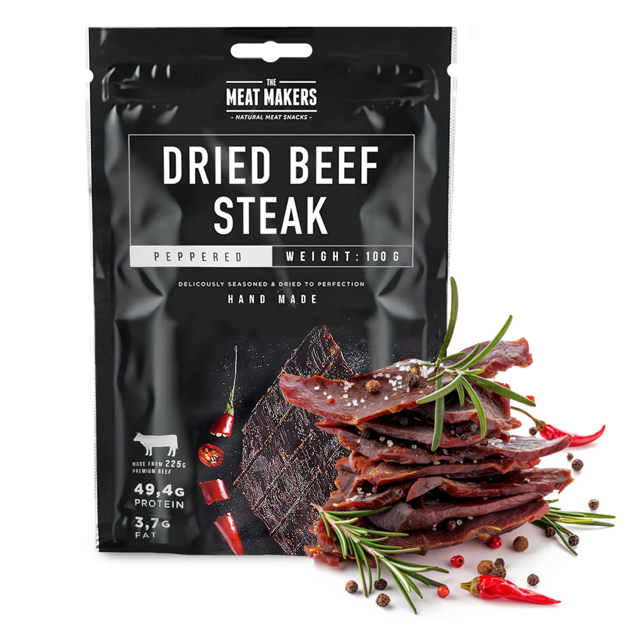 The Meat Makers Peppered Dried Beef Jerky Steak (100 g) – Carne Secca di Manzo, Carne Essiccata per Umani. Snack di carne secca ad alto contenuto proteico.