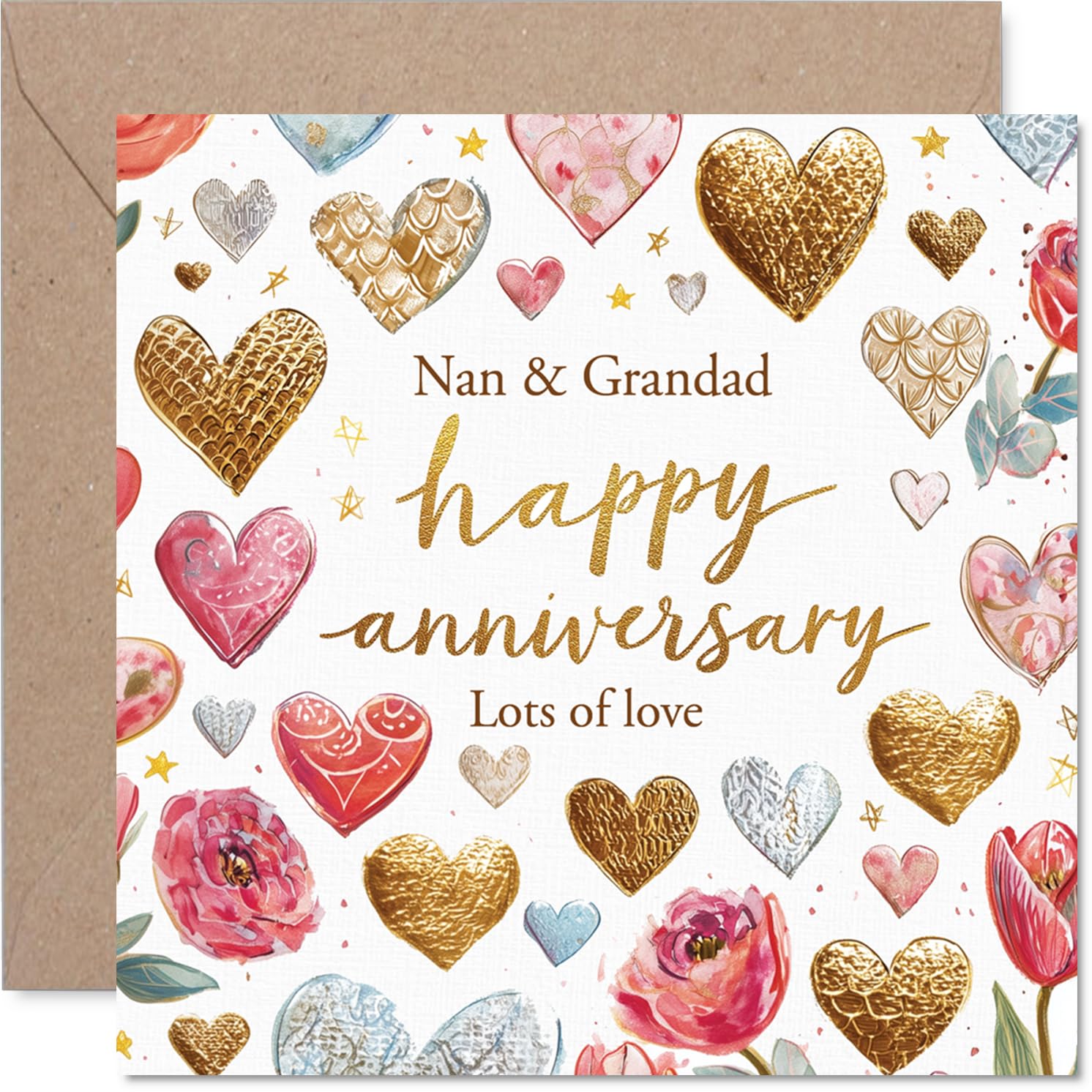 Sentimental Anniversary Card for Grandparents - Showered with Love - Hearts and Flowers Design in Gold, Pink and Red - 145mm Square, Envelope Included