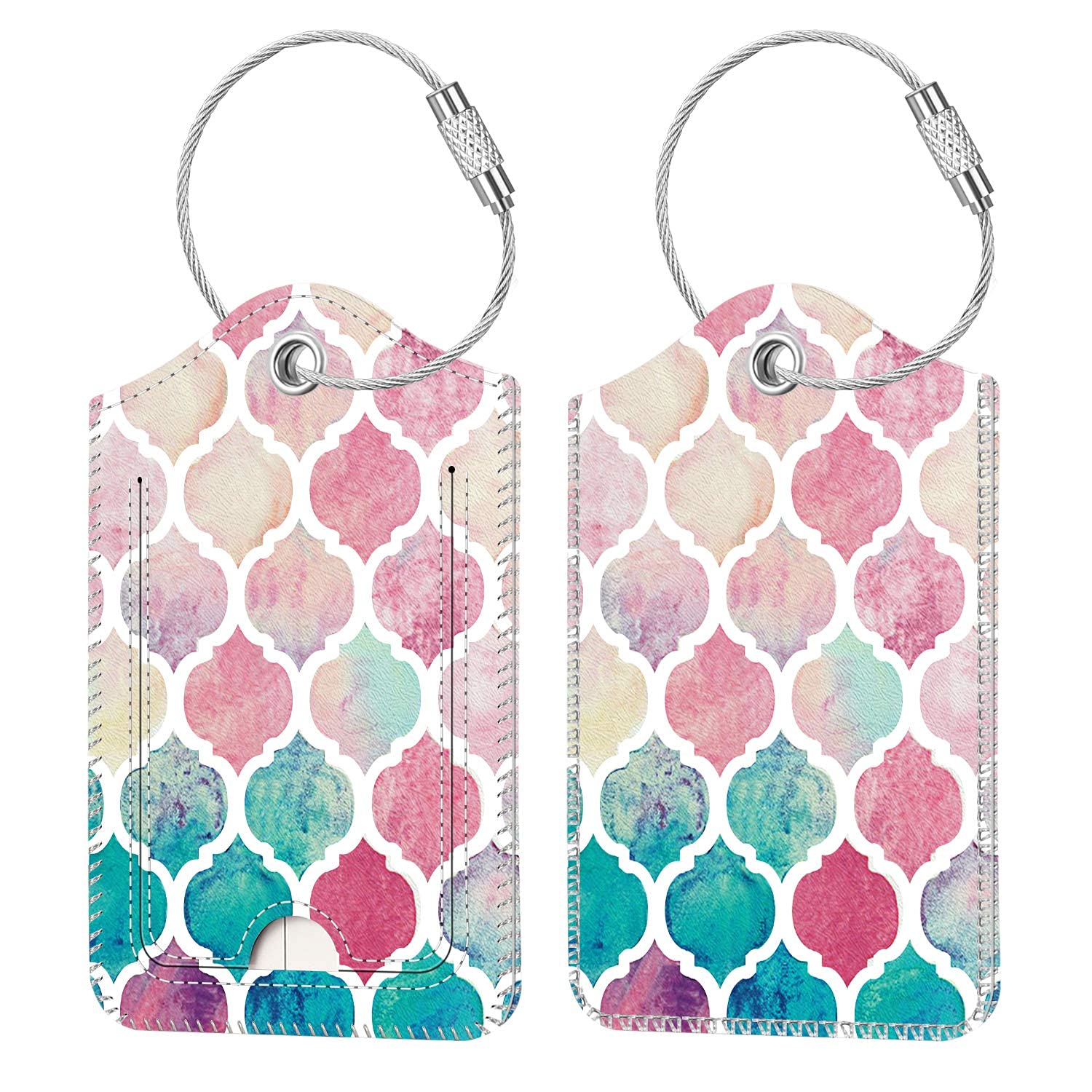 ExceforeLuggage Tag for Suitacase, 2 Pcs Fintie Privacy Cover ID Label with Stainless Steel Loop and Address Card for Travel Bag Suitcase (Moroccan Love)