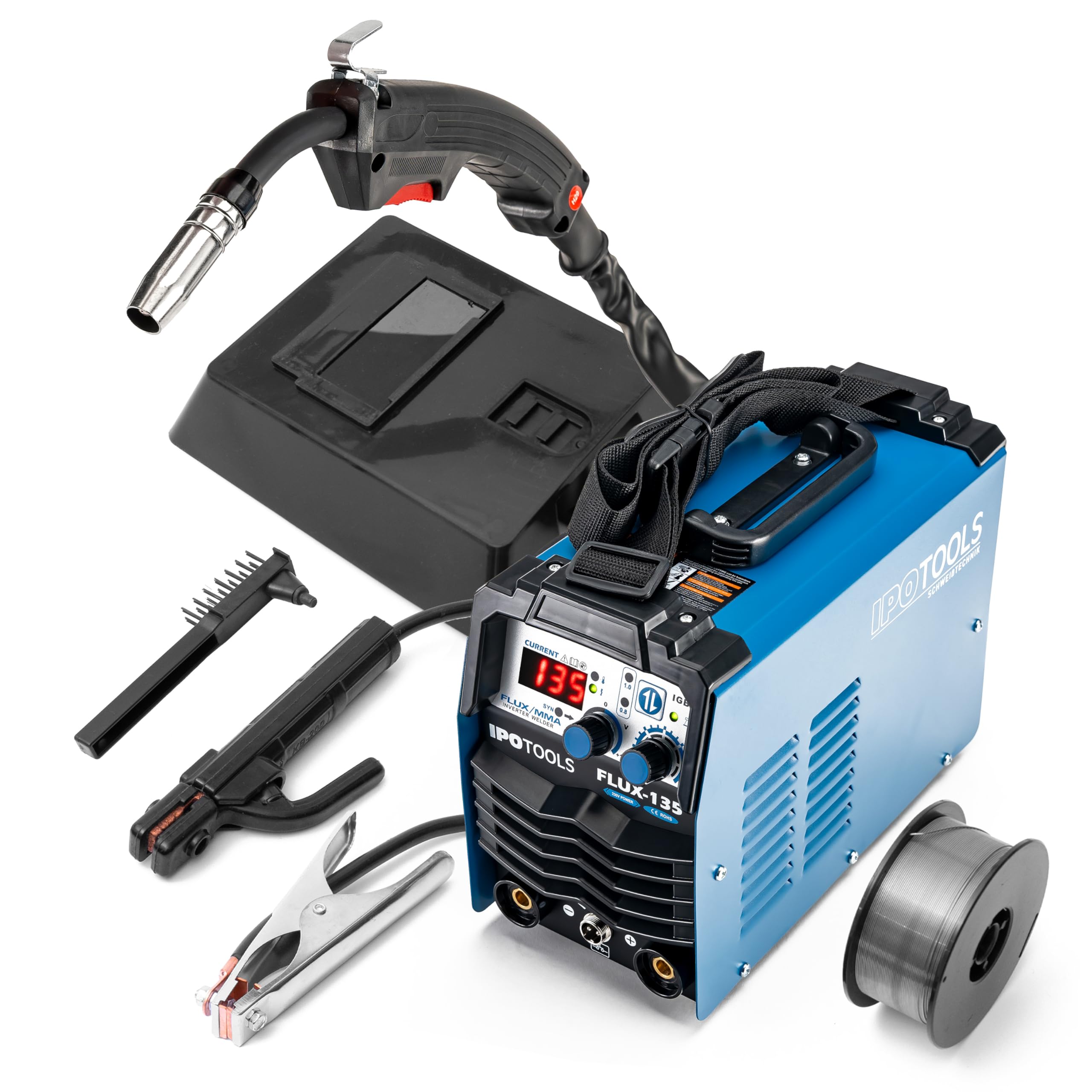 IPOTOOLS FLUX-135 - Saldatrice a filo di riempimento, senza gas, 135 A, senza gas, per saldatrice, filo di riempimento 0,8 mm o 1,0 mm, con MMA/IGBT/230 V