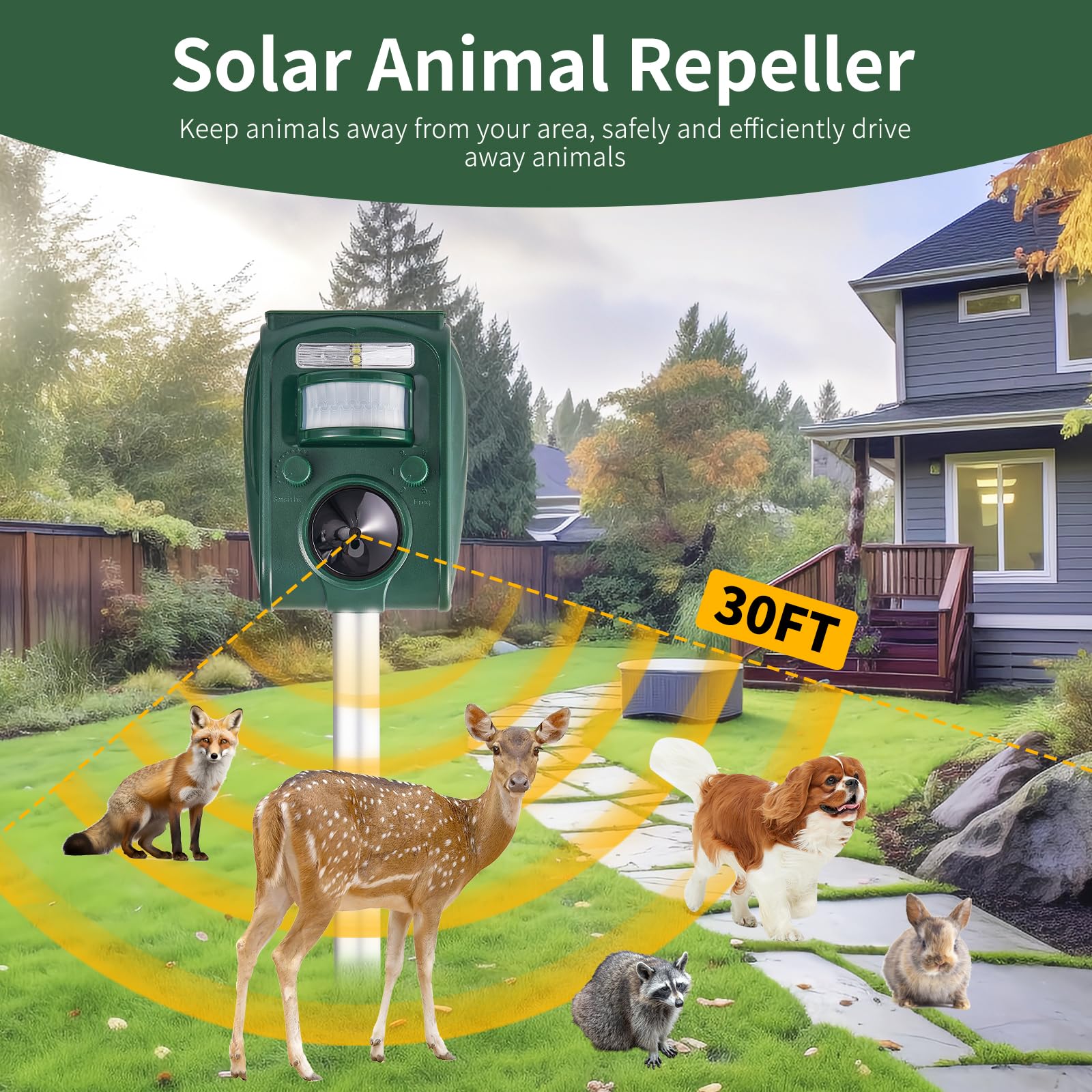 CIIC Upgraded Solar Ultrasonic Animal Repellent Devices Motion Detection 5 Adjustable Modes, Deer Cat Squirrel Raccoon Rabbit Dog Repellent Deterrent with LED Waterproof Flash Lights for Yard, Farm