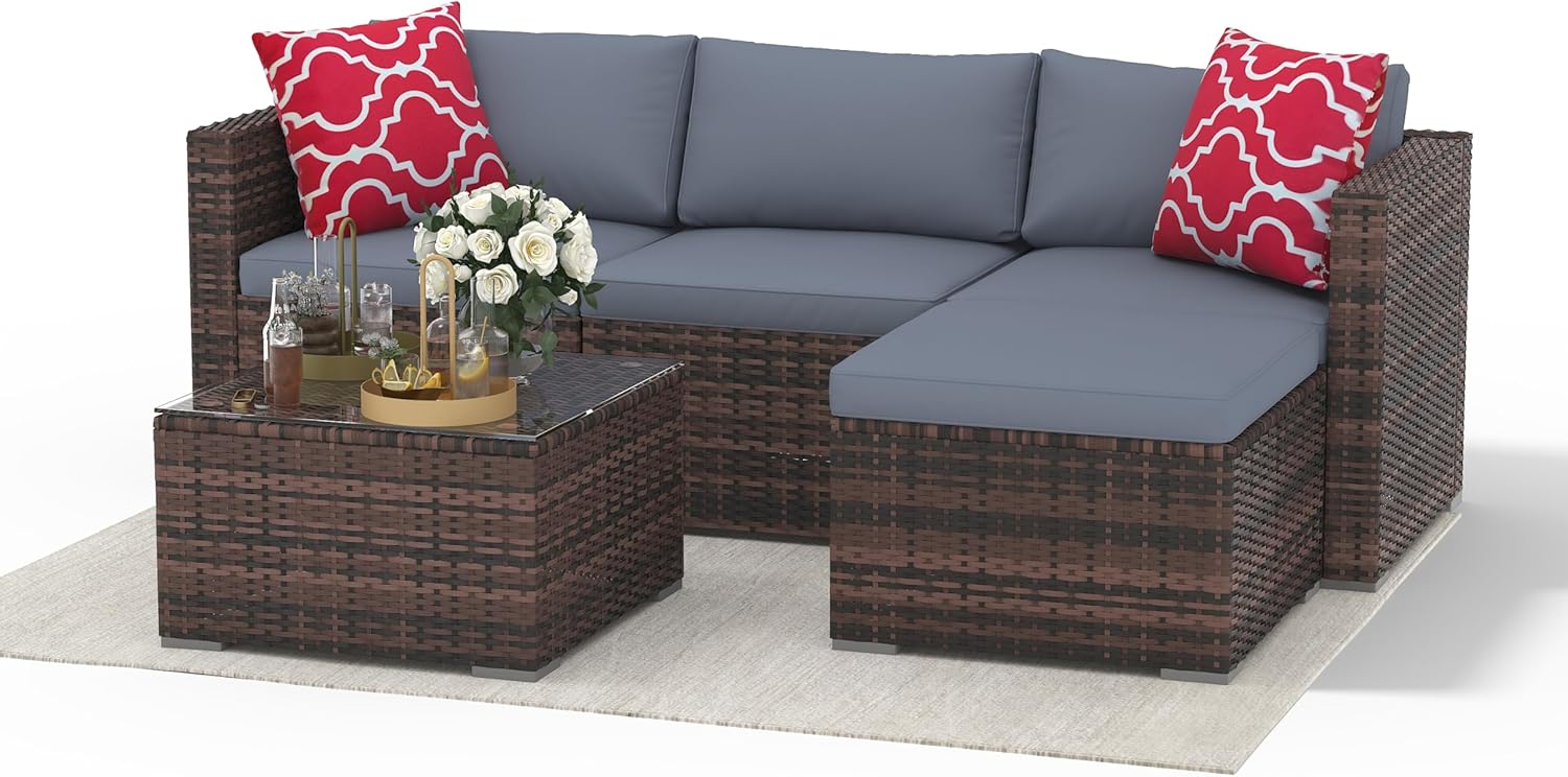 5 Piece Outdoor Patio Furniture Set, Rattan Deck Conversation Sofa Set with Non-Slip Cushions, All-Weather Sectional Sofa with Glass Storage Table and Balcony Footstool, Poolside, Garden, Brown+Gray