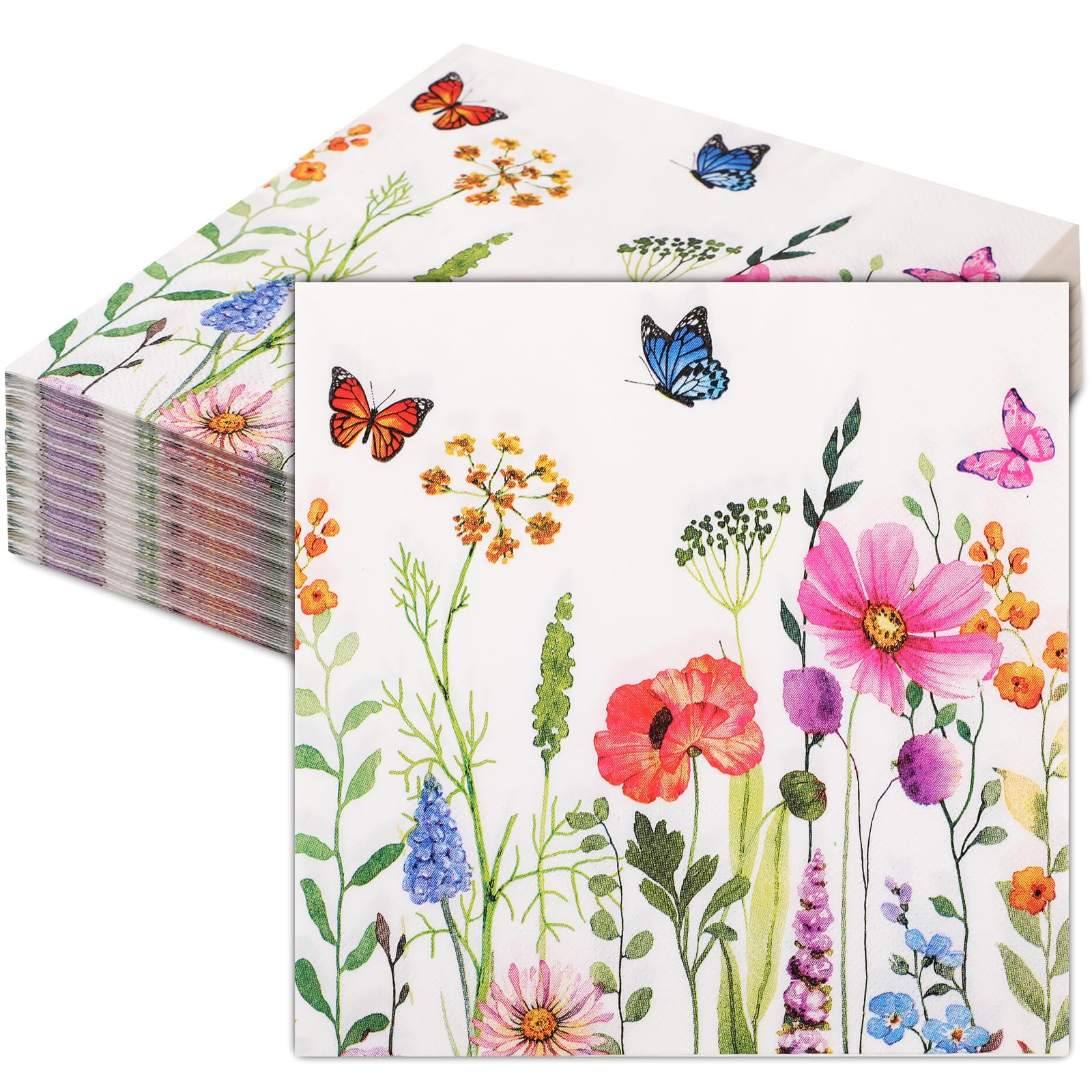 Bighan Soft Paper Floral Napkins 100Pack 2ply 33 * 33cm Butterfly Wildflower Floral Napkins Disposable Party Serviettes for Weddings or Everyday Eco-Friendly Home