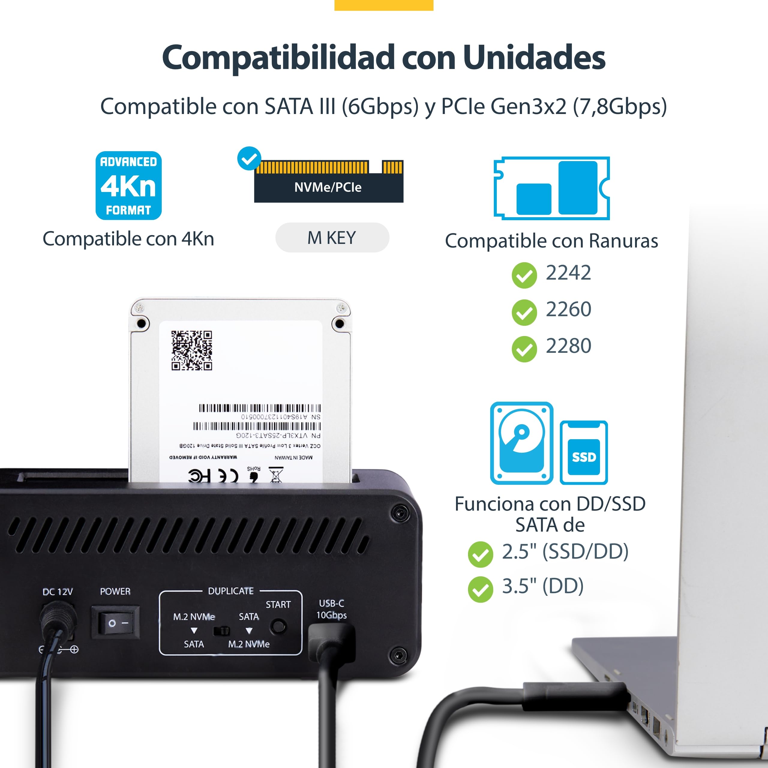 StarTech Dock Duplicador M.2 NVMe a SATA 2,5/3,5in, 27GB/min, USB 10Gbps | USB 3.2 10Gbps, PCIe Gen3x2, Unidad de estado solido